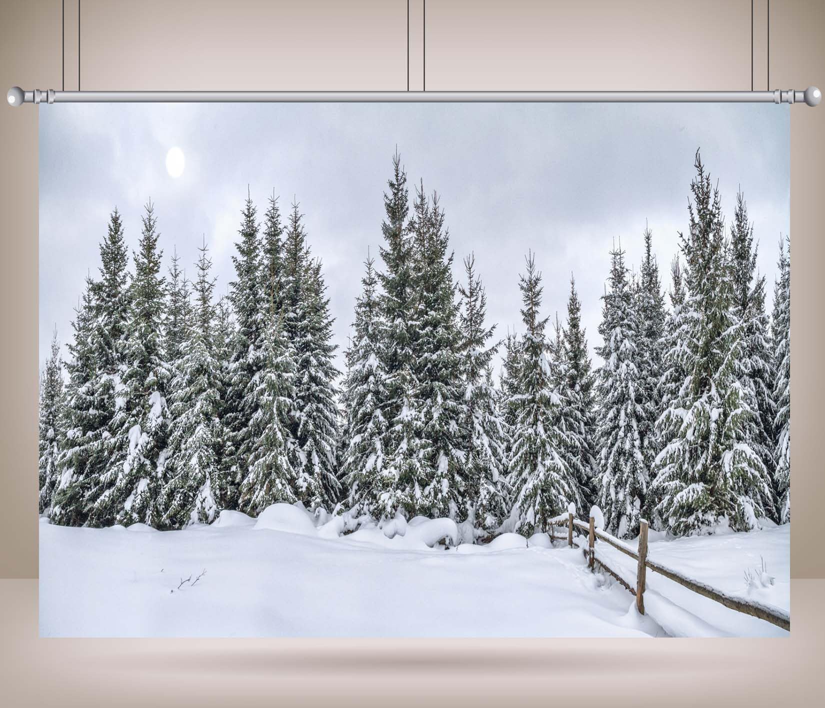 4.5x2.5m Fondo de Bosque nevado con pinos perennes, Fondo de fotografía nevado, Paisaje Invernal al Aire Libre frío y Tranquilo, Fondos de Fotos, decoración navideña, Accesorios de sesión