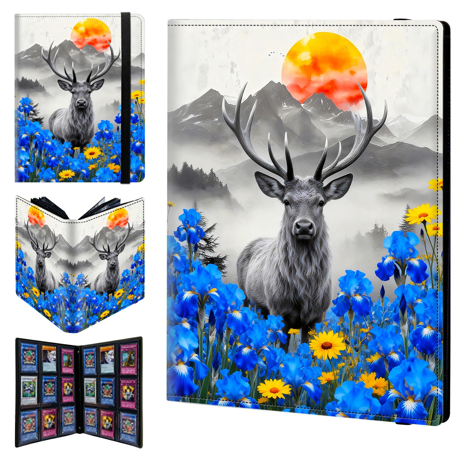 9 Pocket Trading Card Binder 540 Side Loading Pocket Album with Blue Flower Deer Mountain Pattern Design Card Binder for Sports Cards & Game Cards — image 1