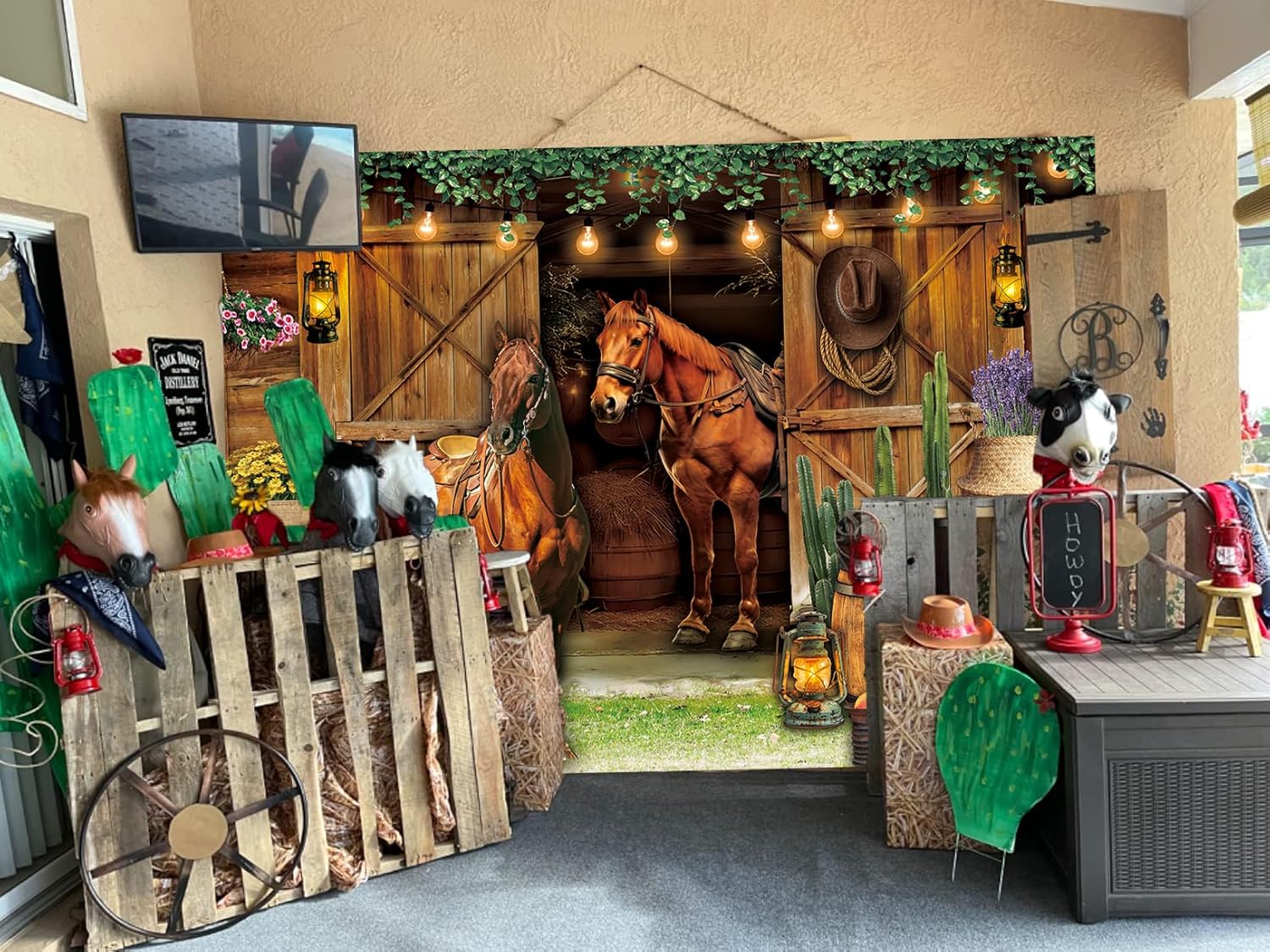 Western Cowboy Backdrop Wild West Retro Horse House Wooden Barn Door Photography Background Cowboy Theme Adults Kids Birthday Party Banner Decorations Supplies (7x5FT)