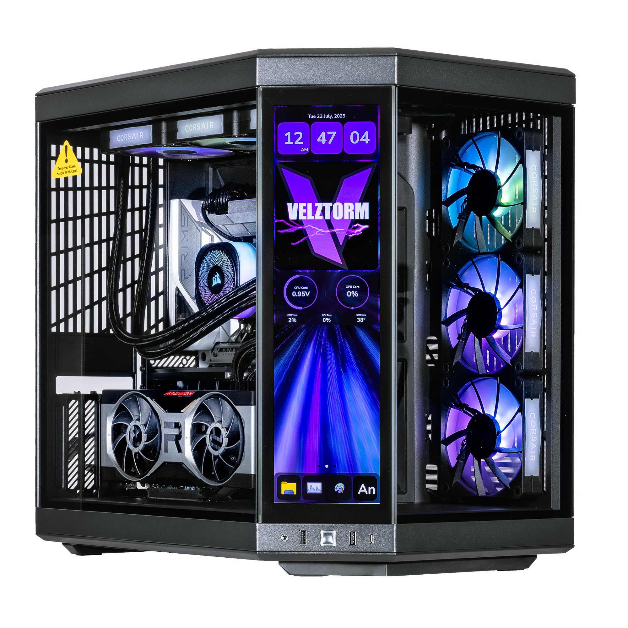 Velztorm LCD Black Praetix Custom Built Y70 Touch Gaming Desktop (Radeon RX 7900 XT 20GB (Beats 4080), Liquid Cooled Intel i9-14900K, 128GB DDR5, 2TB PCIe SSD, 1000W PSU, WiFi 6E, Win11Home)