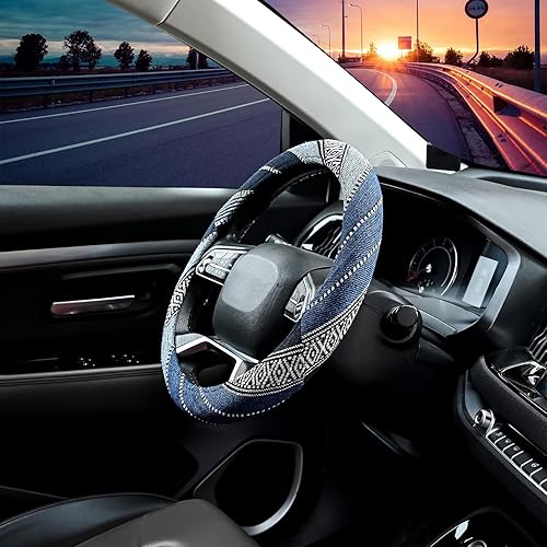 Miniatura 10 de Funda gruesa de gamuza de lino para volante universal de 15 pulgadas con patrón de estilo étnico, Style B