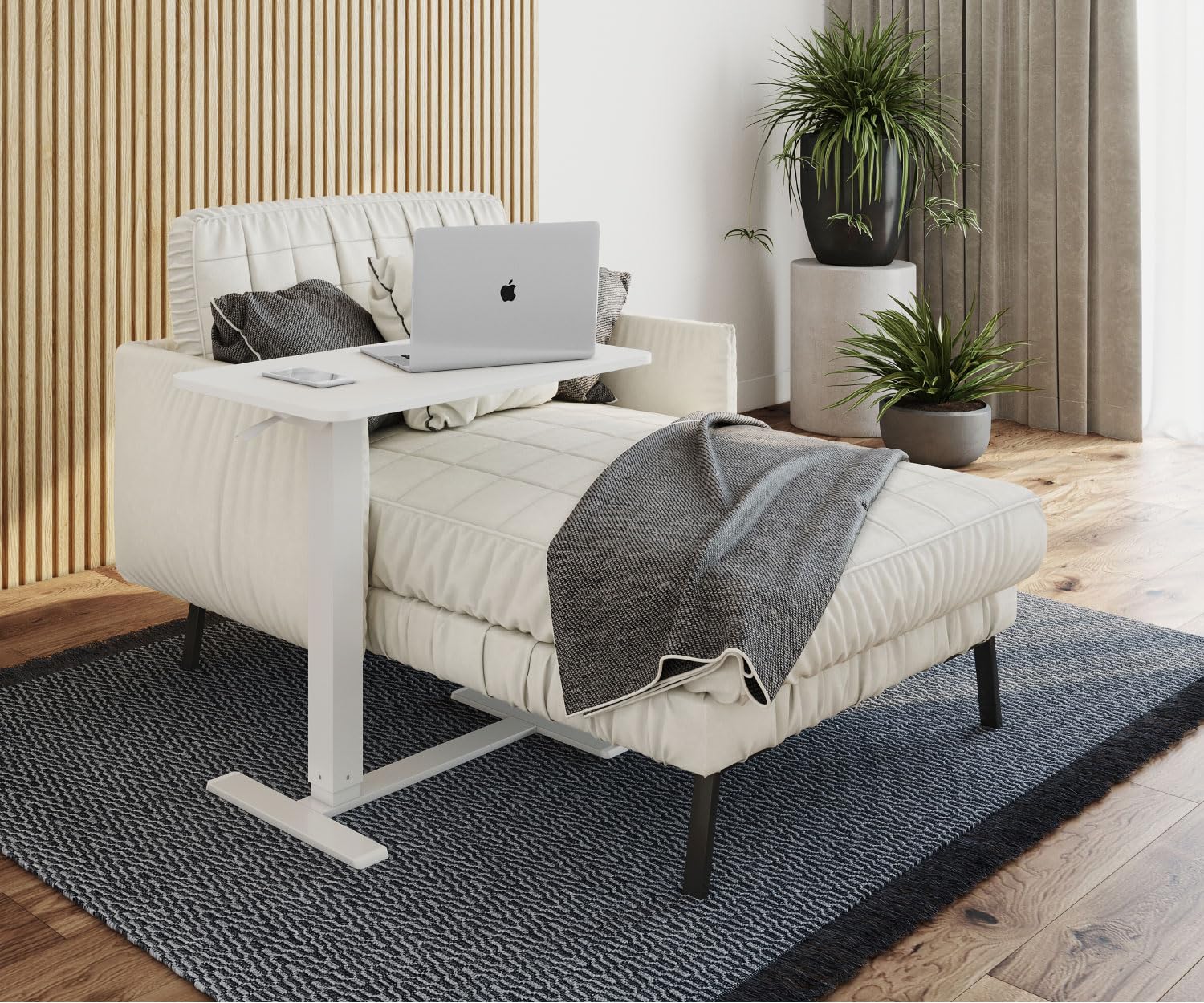 ESMART EACM-121WW 71 x 40 cm Blanc - Table d'appoint Mobile réglable en Hauteur pneumatiquement en continu 64-99 cm sur roulettes pour canapé, lit, Chambre d'enfant
