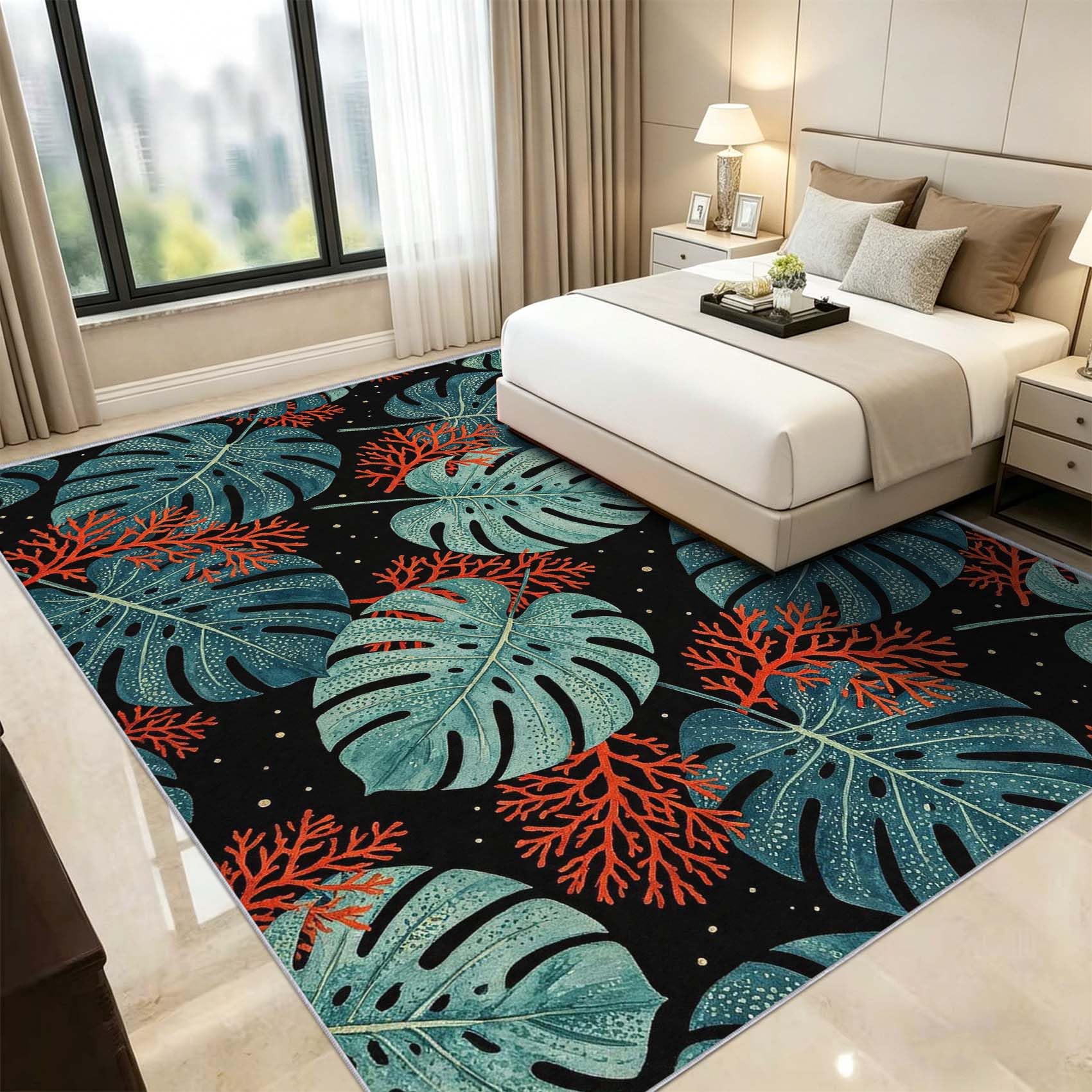 Tapis Doux Poils 120 x 170 cm, Feuilles de Monstera Decoration Lavable