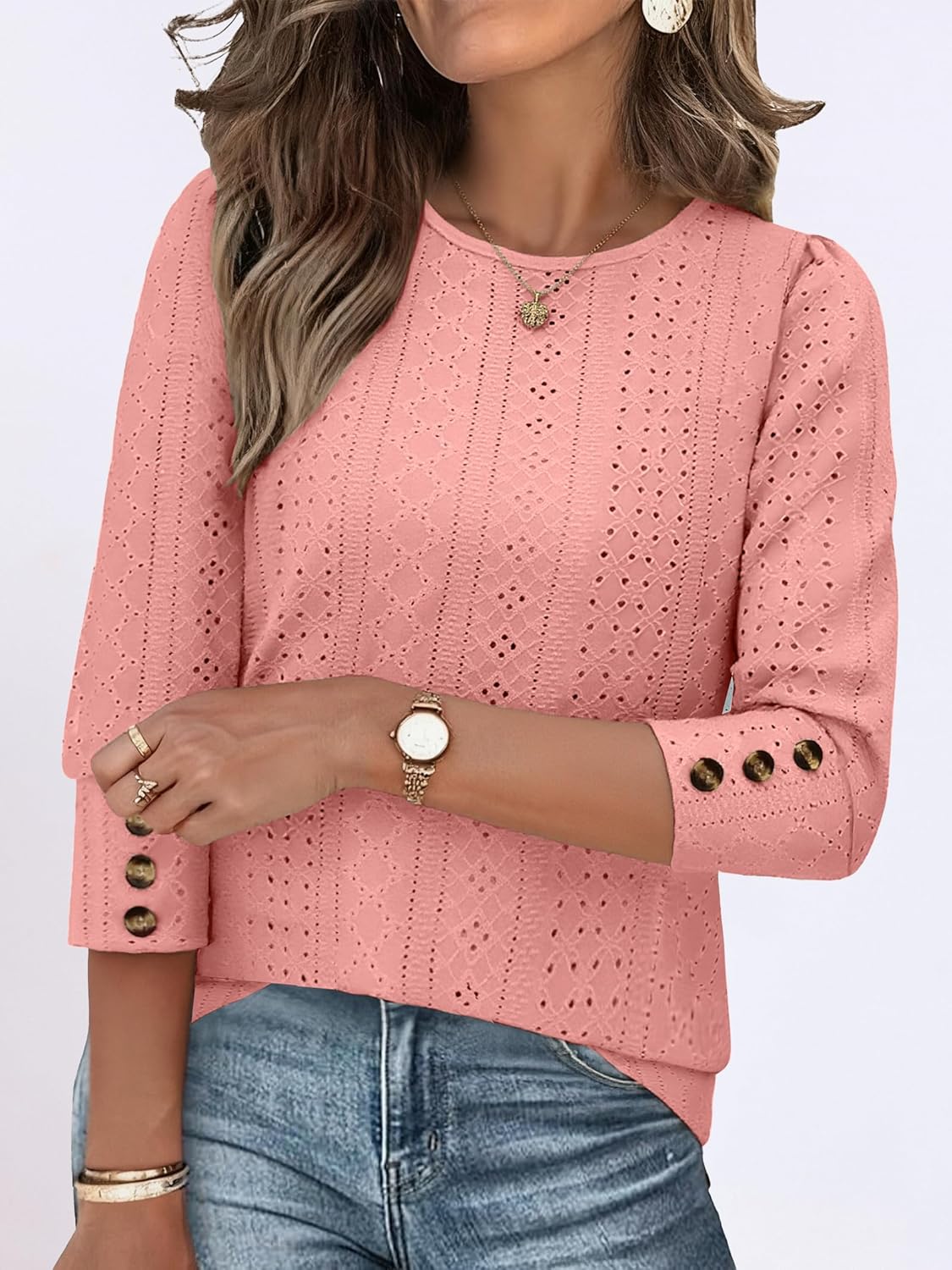 ANRABESS Womens Tops 3/4 Sleeve Dressy Casual Blouses with Buttons Summer Eyelet Business Shirts Tunics 2026 Spring Clothes - Image 2