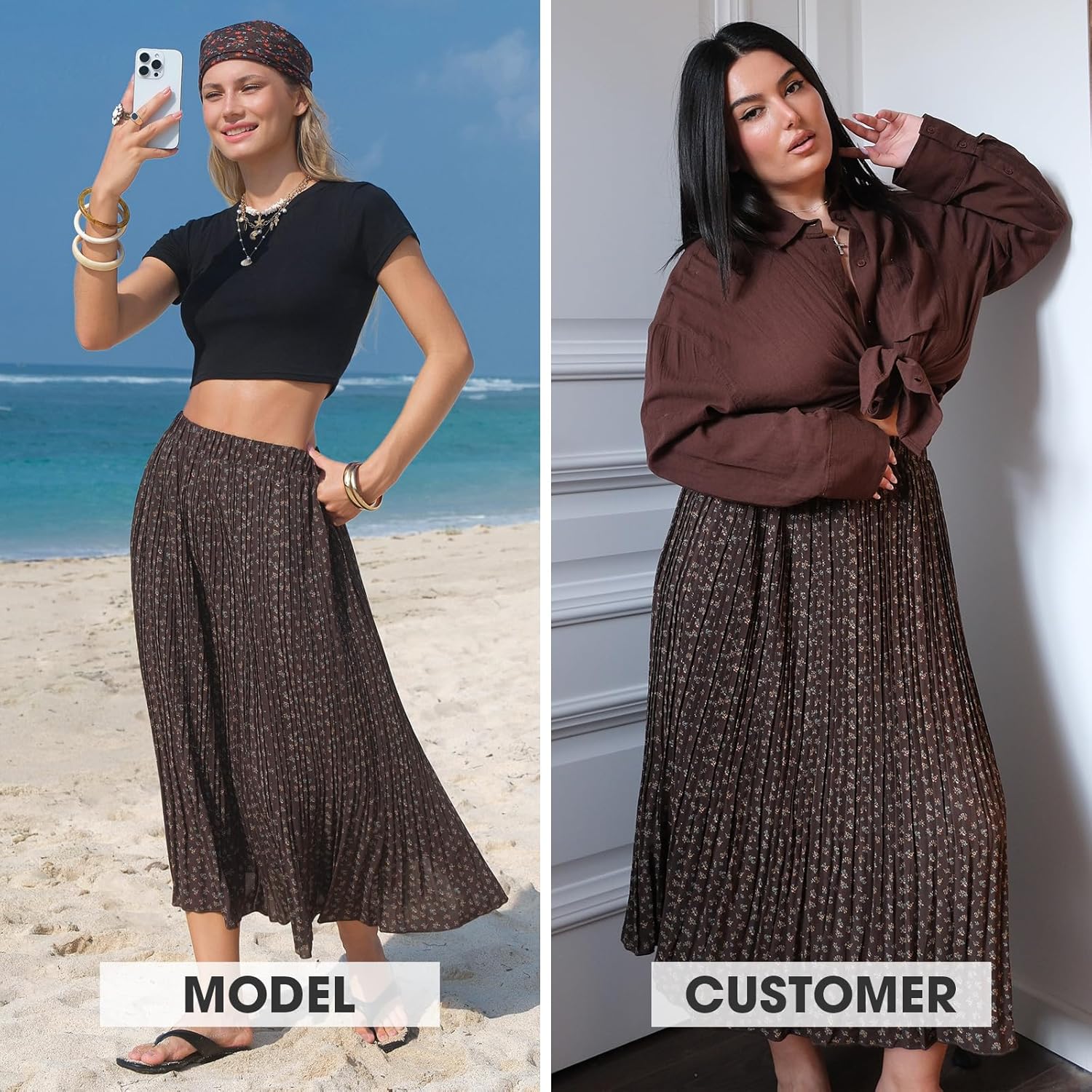 EXLURA Womens High Waist Polka Dot Pleated Maxi Long Skirt Floral Midi Swing Skirt Boho Beach Vacation Outfits with Pockets - Image 6