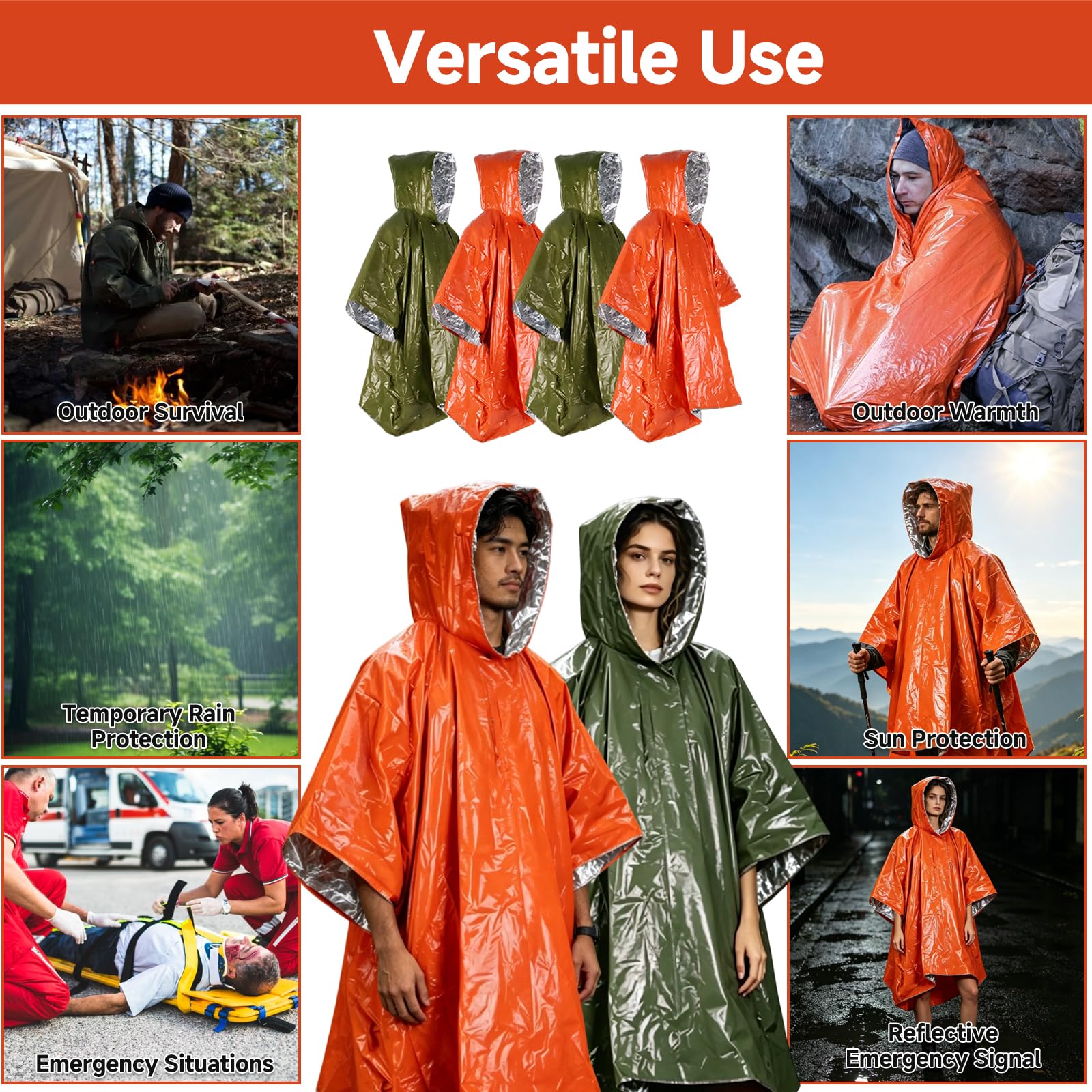 4 Piezas Poncho de Supervivencia, para Camping, Senderismo, Viajes y Primeros Auxilios, Manta Térmica de Emergencia Impermeable y Reversible con Capucha, Retiene el Calor
