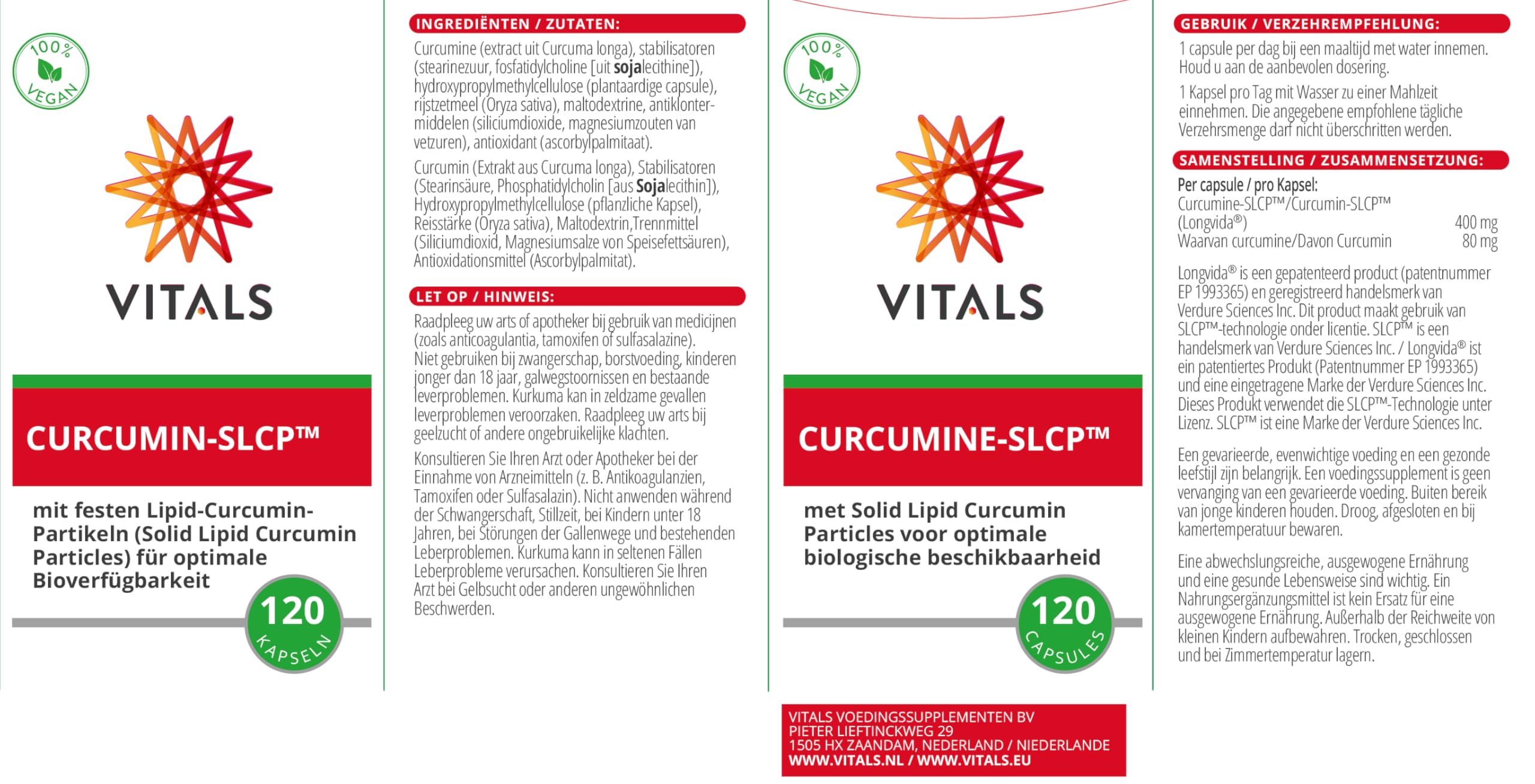 Vitals Curcumin SLCP - 120 Kapseln, vegan. Mit Solid Lipid Curcumin Particles (SLCP) für optimale Bioverfügbarkeit. Wissenschaftlich belegt und Entzündungshemmung.