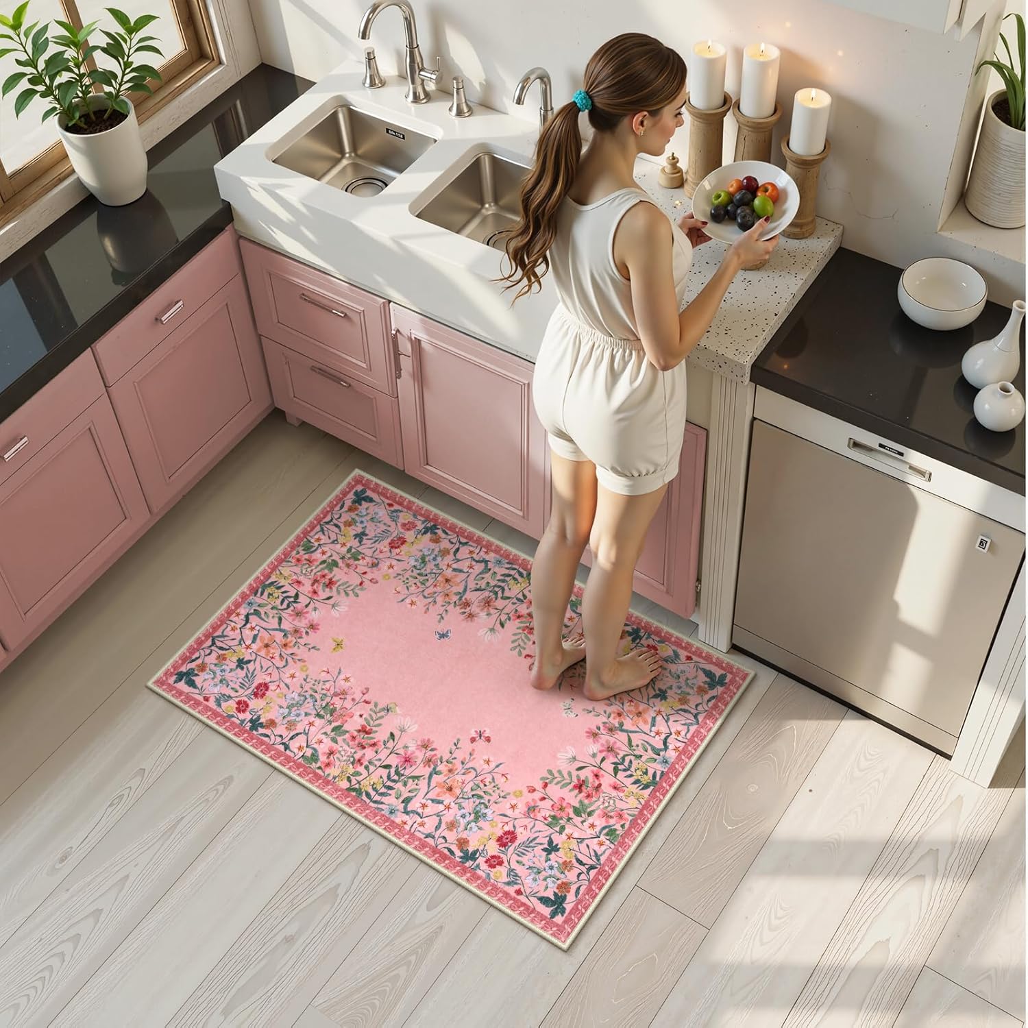 Wonnitar 2x3 Pink Bathroom Rugs Non Slip Washable, Floral Small Area Rugs for Entryway, Low Pile Soft Door Mat Indoor Entrance Throw Carpet for Kitchen Bedside Laundry Room (Pink,2'x3')