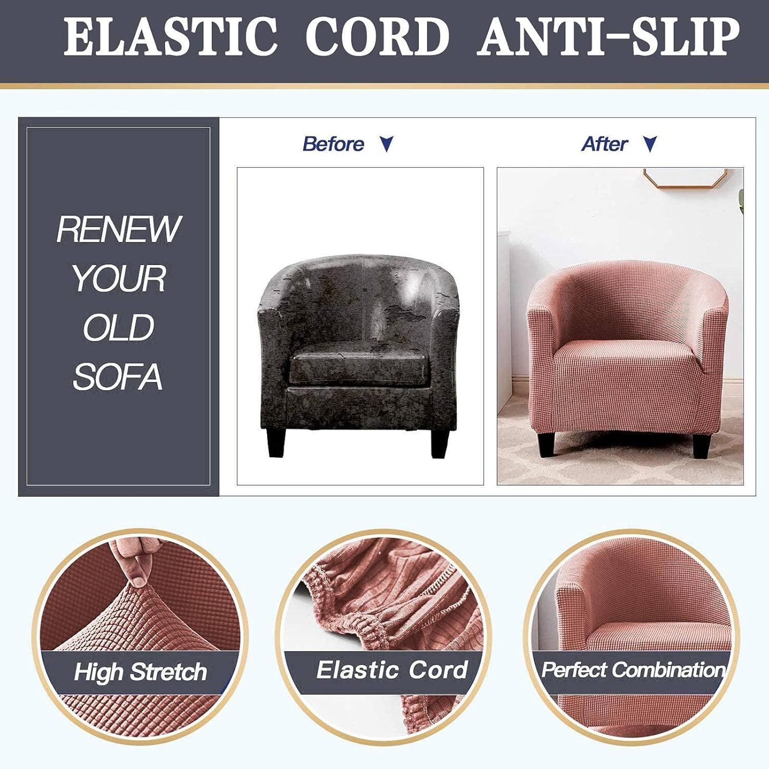 Club Chair SlipCovers Stretch, 1 Pieces Armchair Tub Chair Covers with Elastic Bottom Sofa Slipcovers Jacquard Spandex Couch Cover, for Bar Counter Living Room-Pink-Club Chair