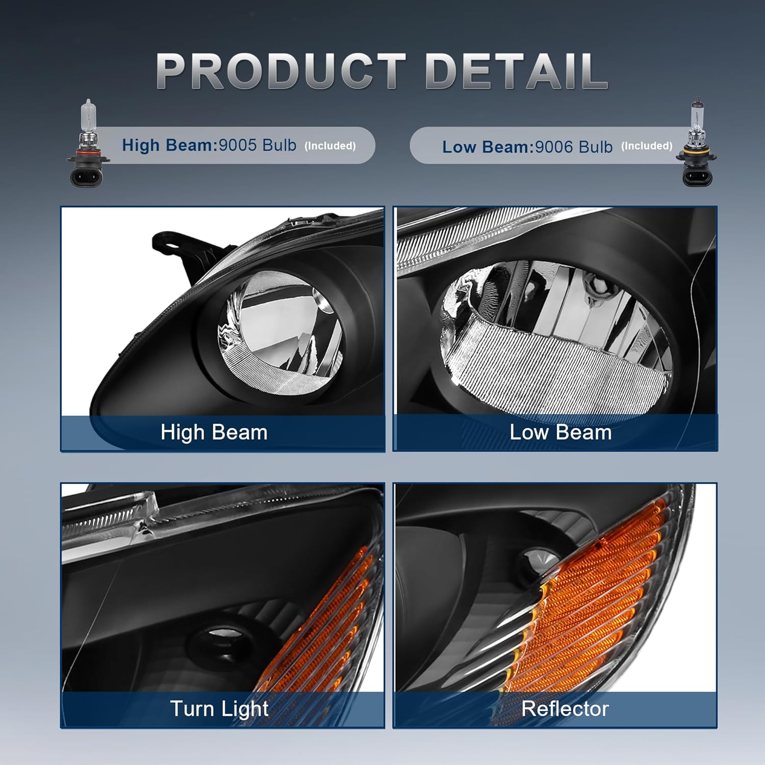 Headlights Assembly Compatible for 2003-2008 Toyota Corolla Halogen with Clear Lens Black Housing Amber Reflector Head Lamps Left and Right Side (Set of 2)