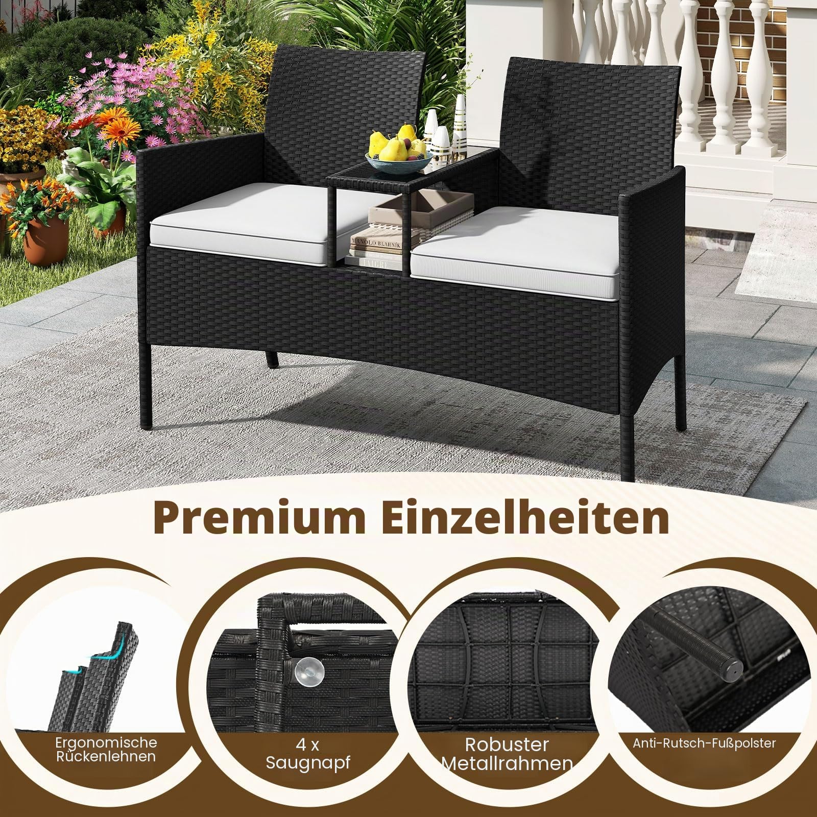 GIANTEX Rattan Gartenbank 2 Sitzer mit Tisch, Sitzbank Outdoor mit Auflage, Balkonbank für 2 Personen, Terrassenbank Parkbank wetterfest, Balkonmöbel Bank 360 kg tragbar, Gartenmöbel 124 x 62 x 84 cm