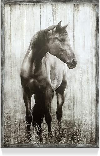 Pintura enmarcada rústica de caballo vertical arte de pared de animales salvajes del oeste - Decoración de granja para el hogar - 24 x 36 pulgadas