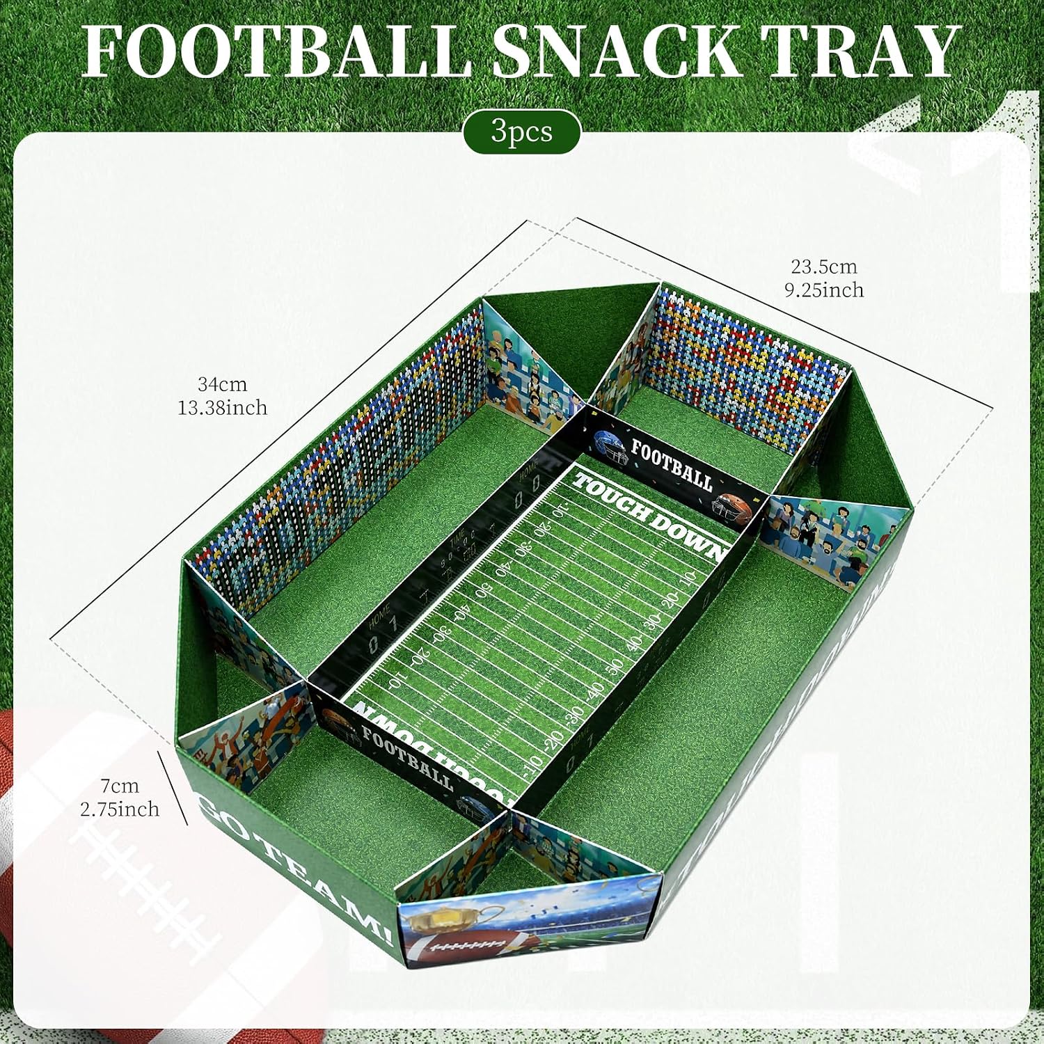 3 PCS Football Snack Trays – Game Day Serving Trays with Football Field and Scoreboard Design for Chips, Appetizers, Tailgate Parties and Sports Decorations
