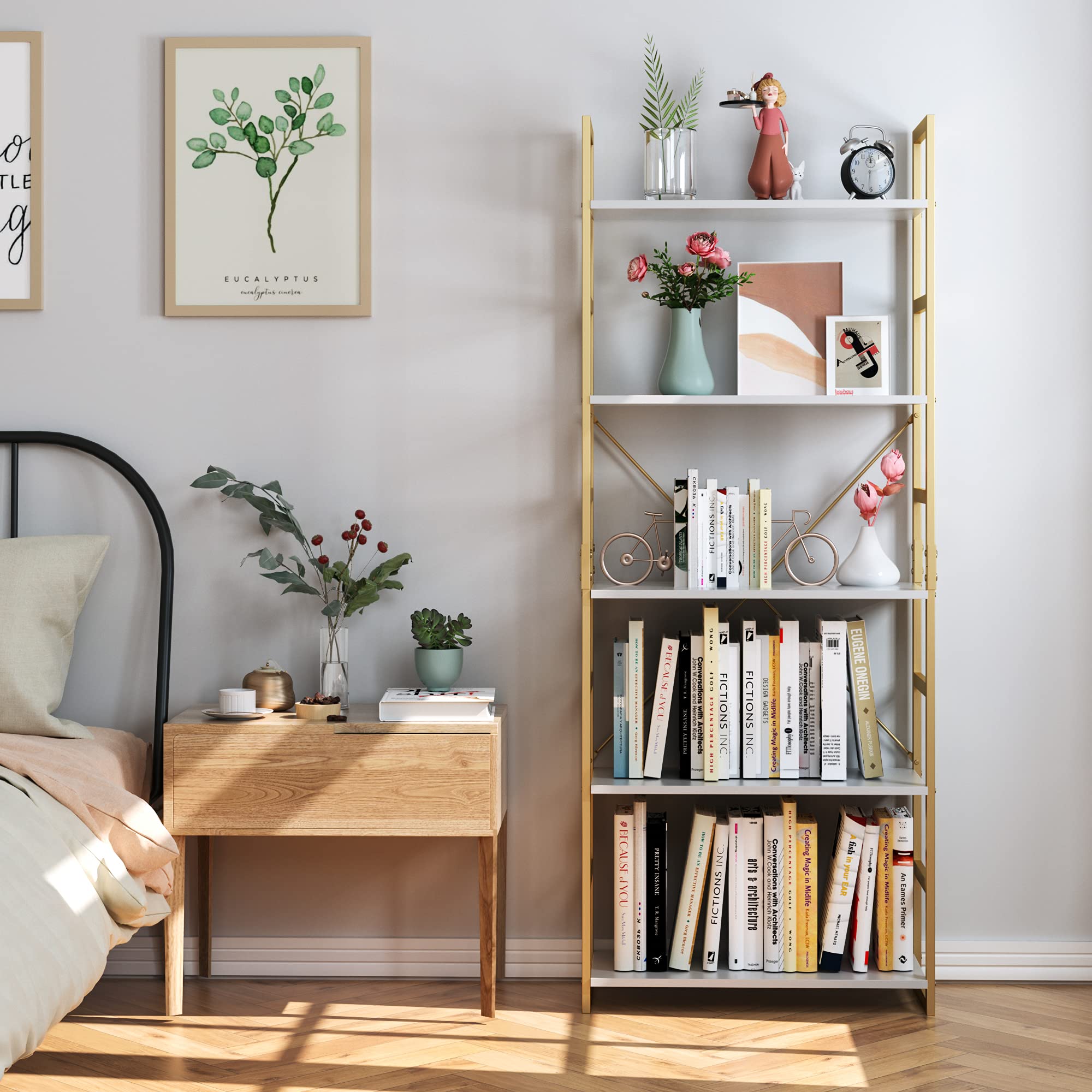 5 Tier Industrial Bookshelf, Wooden Look Bookcase, Modern Storage Shelf