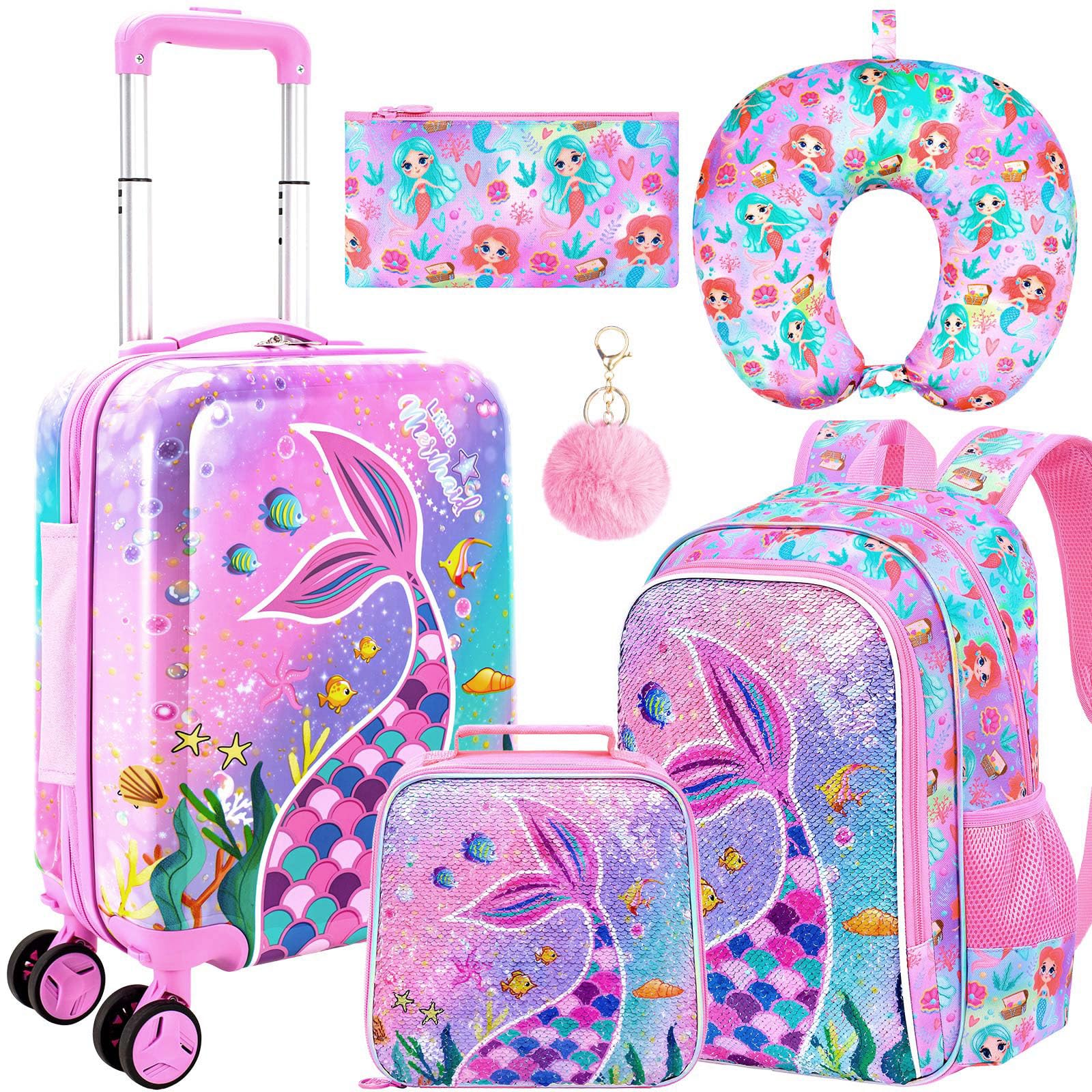 5PC Girls Luggage Set, Kids Mermaid Suitcase, 16" Carry-On for Travel