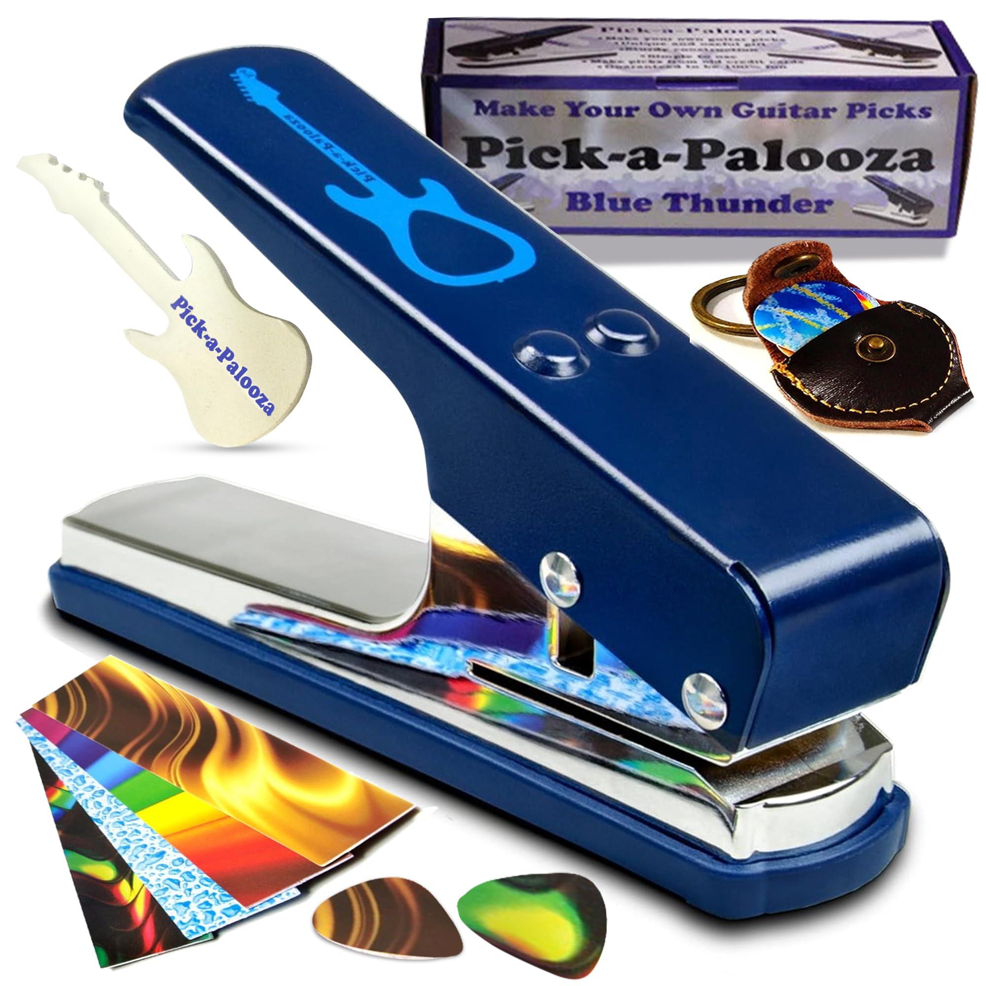 Pick-a-Palooza DIY Guitar Pick Punch Gift Pack - the Premium Guitar Pick Maker - Includes Leather Key Chain Pick Holder, 4 Pick Strips and a Pick File - Blue