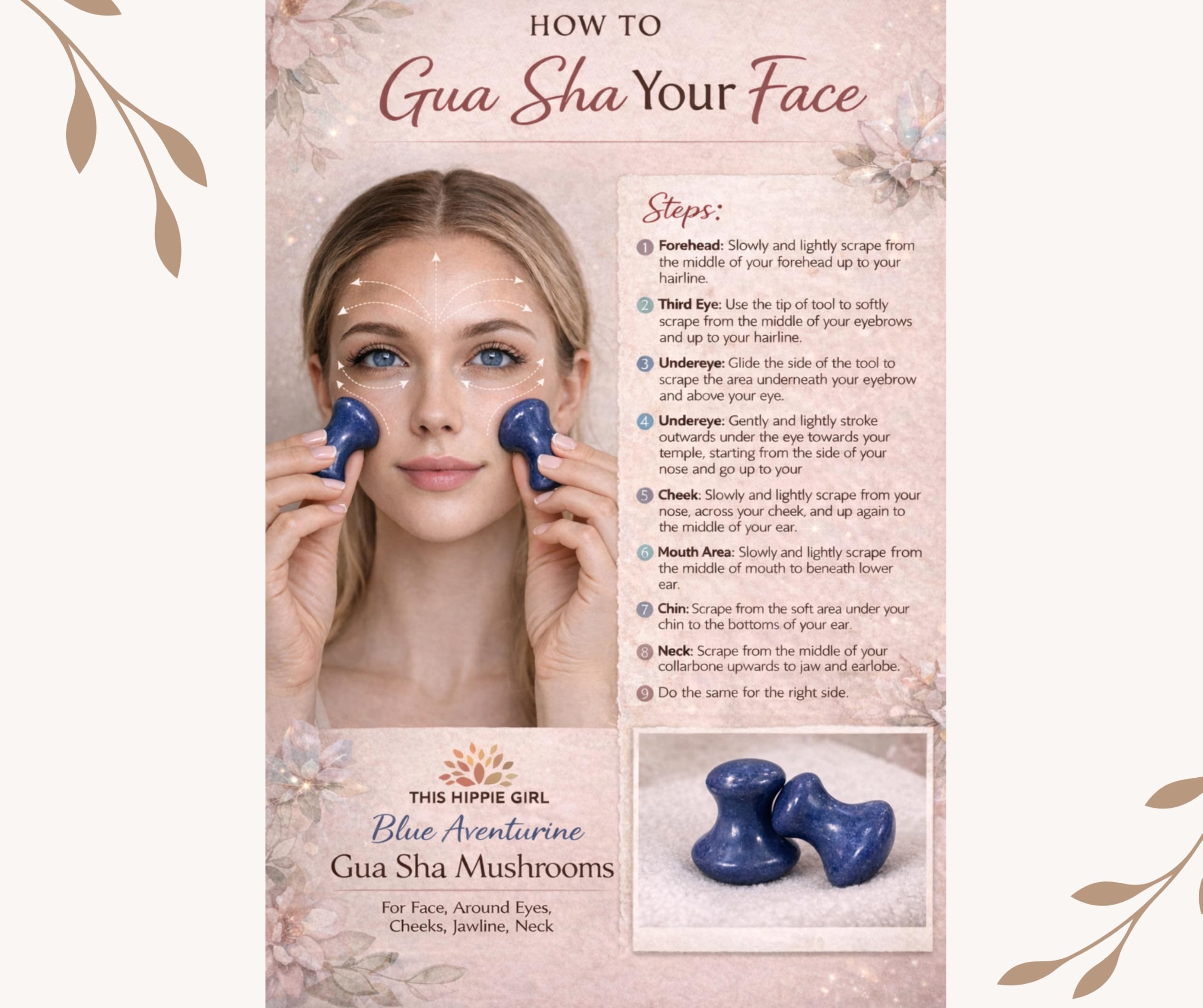 Este juego de 2 herramientas de masaje de cristal natural de aventurina azul Gua Sha para niña hippie (juego de 2) | Piedras hechas a mano para el cuidado de la piel para cara y cuerpo | Alivio de