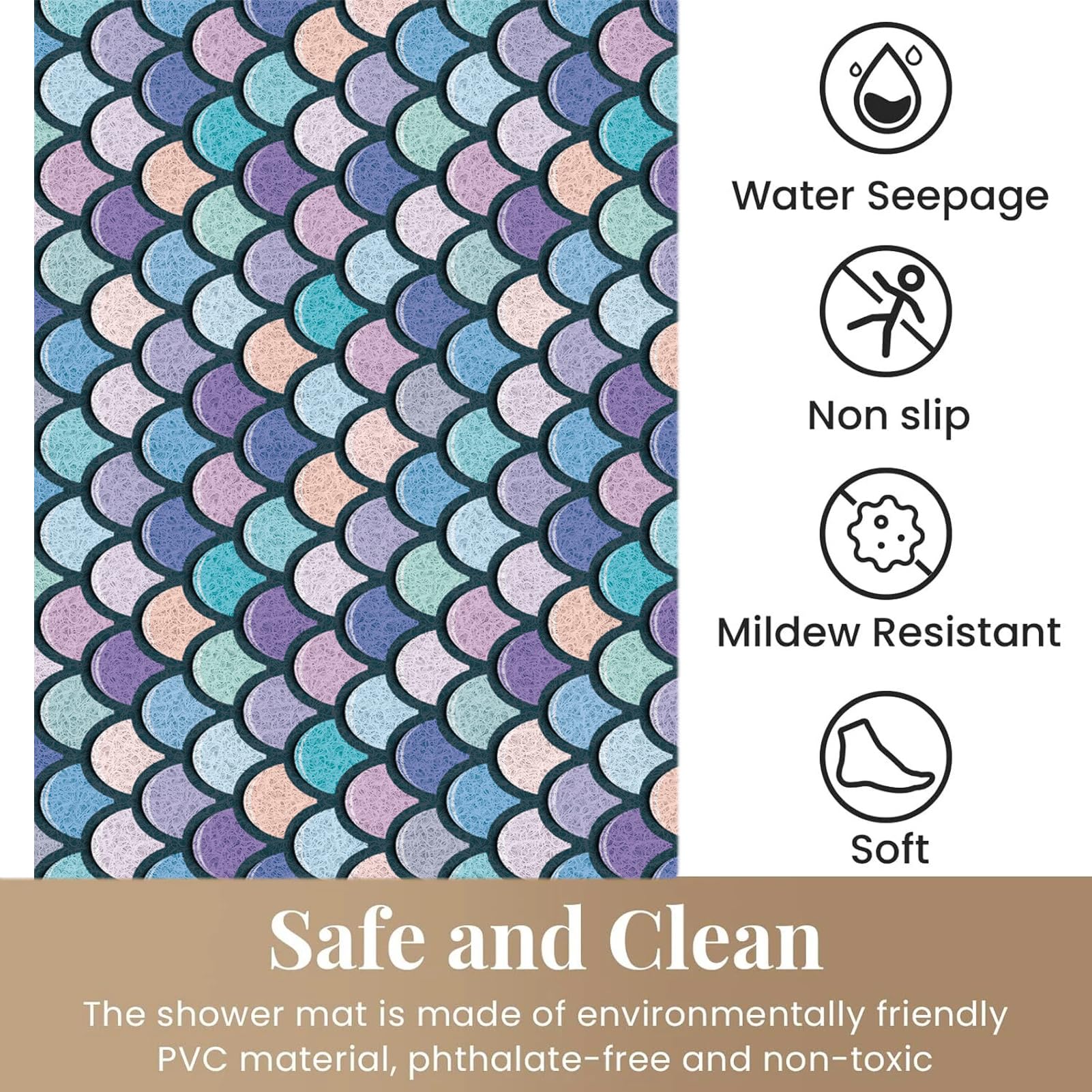 Tappetino da bagno antiscivolo, per vasca interna, in morbido PVC, con eccellente permeabilità, asciugatura rapida (80 x 100 cm, viola, ciano, rosa)