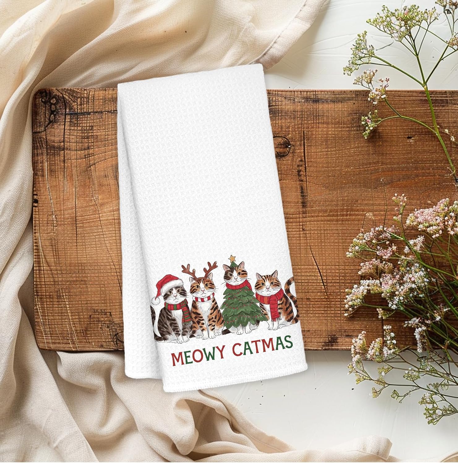 Meowy Christmas Tabby Cat Kitchen Towels, Cat Mom Lady Lovers Gifts, Funny Santa Reindeer Kitten Dish Hand Tea Towels, Xmas Kitchen Bathroom Decor, 16x24 Inch image 2