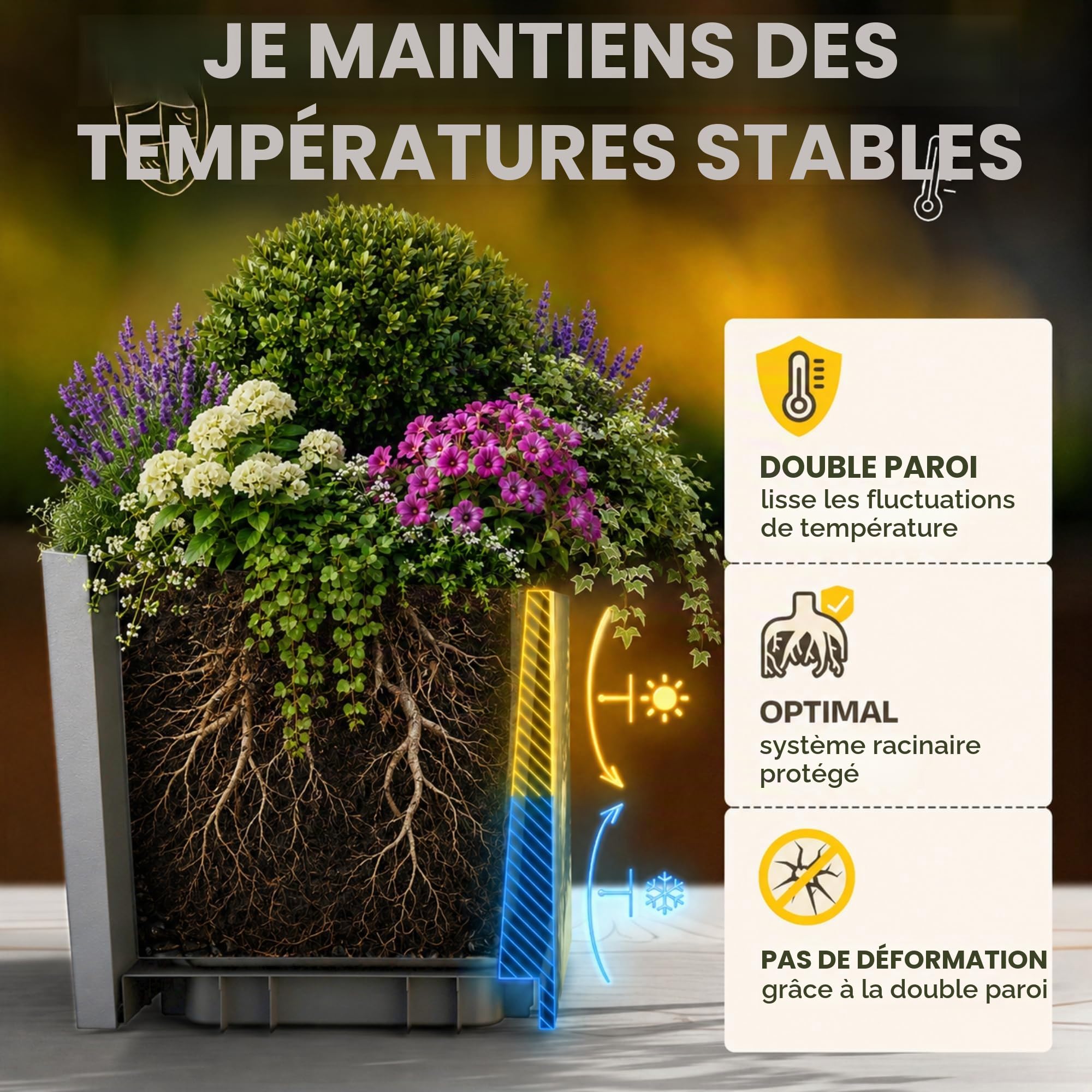 Ondis24 Pot de fleurs avec réservoir d'eau Vulkan 40, résistant à l'hiver (Gris clair)