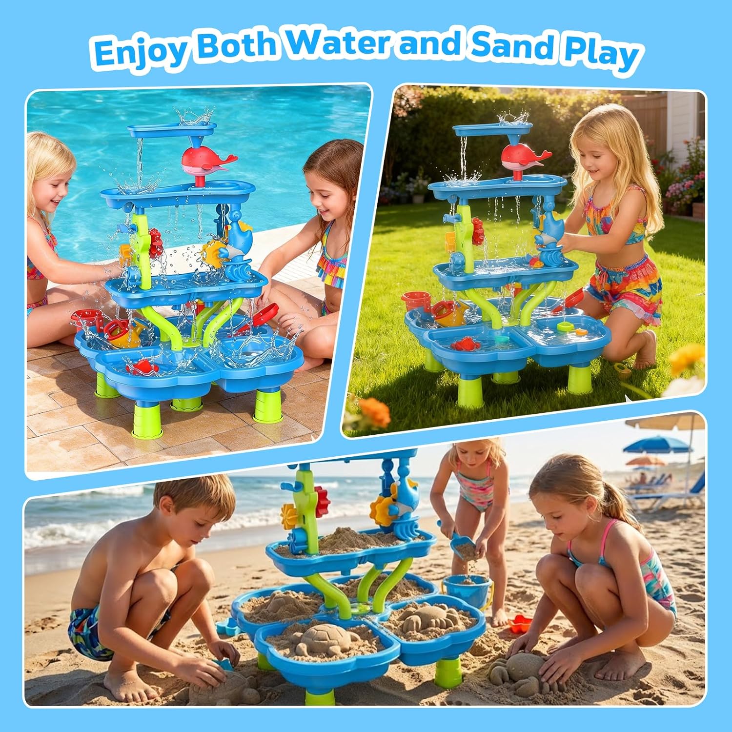 MoKo 4-Tier Water Table with 20 Toy Accessories, Toddler Water and Sand Activity Sensory Playset, Kids Summer Outdoor Toys for Beach Backyard Outdoor, Gift for Toddlers, Blue Dolphin Pink Whale