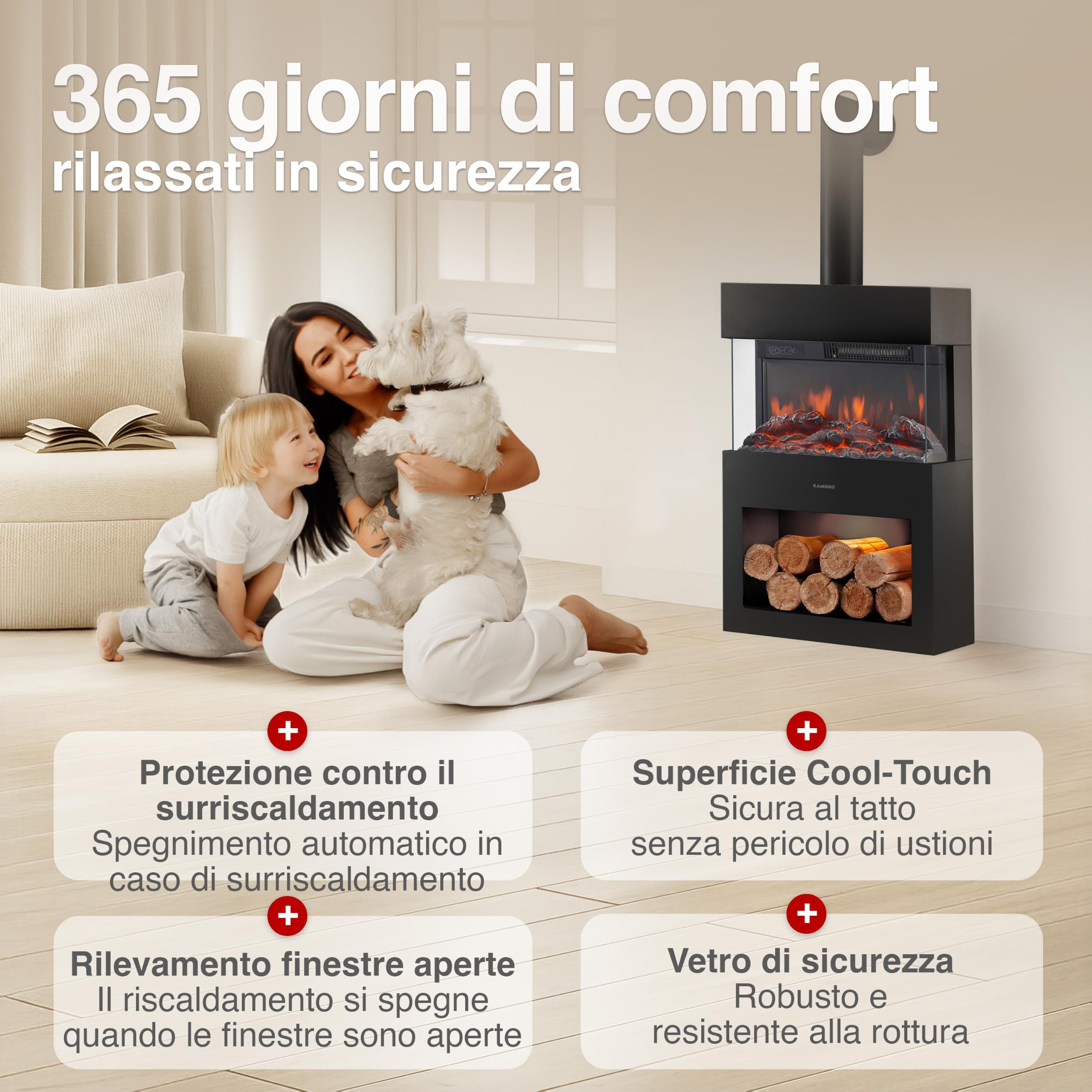 KAMINIO® Henri Camino elettrico da appoggio con tubo per stufa [Nero] | Caminetto elettrico a forma di stufa, termocamino con effetto fuoco LED, vano illuminato, timer, termostato e telecomando