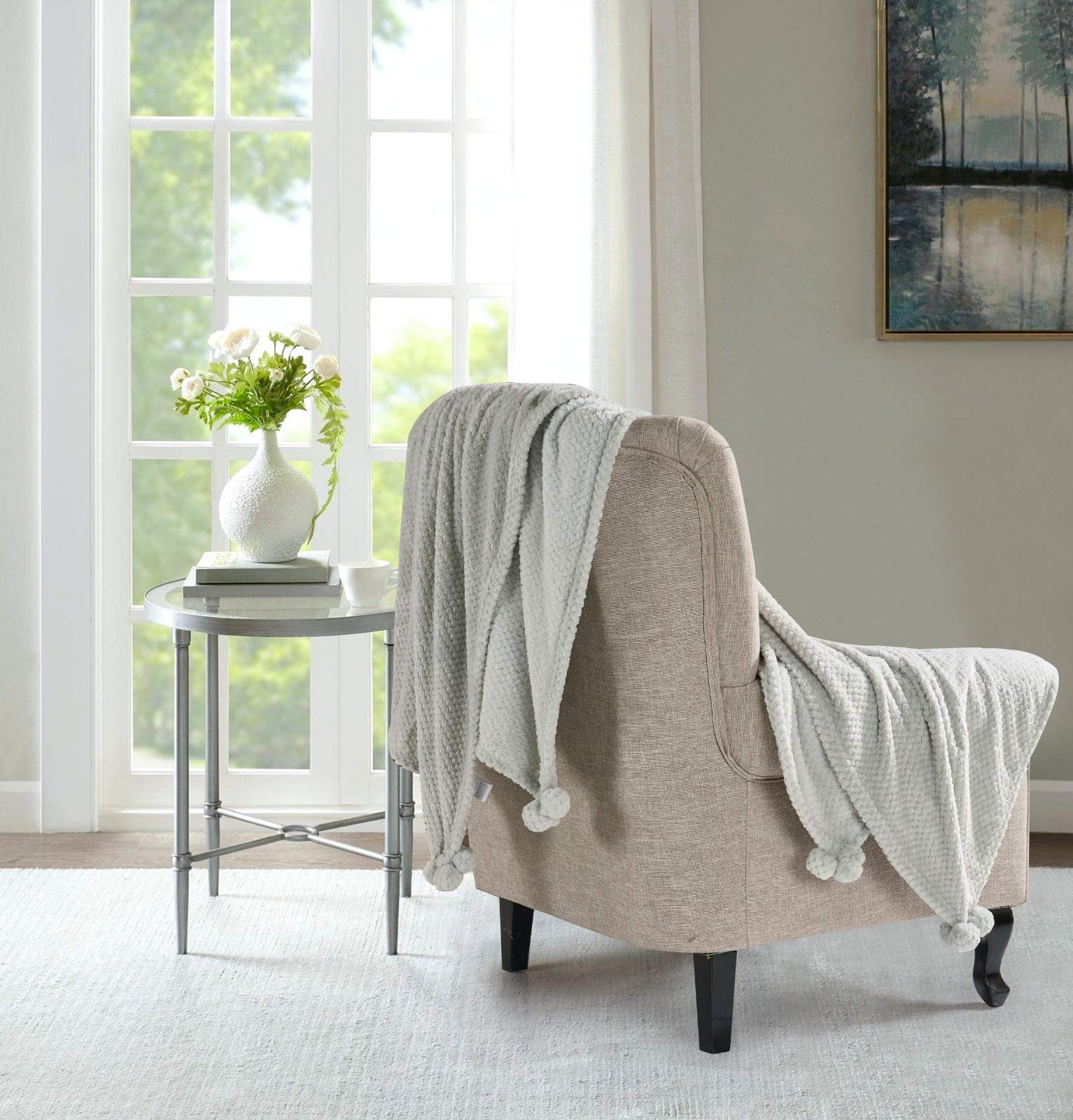 Y-H Silver Yorkshire Homeware Luxury New Popcorn Pom Pom Throw Fleece Blanket Sofa Bed Chair Large Soft Warm Throws (, 150 X 200Cm)