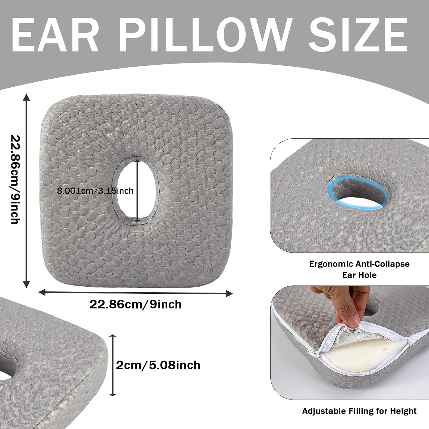 Ear Pillows for Side Sleepers, Memory Foam Ear Piercing Pillow with Holes for CNH Inflammation, Ear Pain, Ear Pressure Relief, Pressure Sores, Square (Gray)