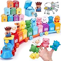 Hahaland Montessori Farm Train Set for 2-3 Year Olds - Counting Sorting Matching Toys with Animals Finger Puppets Lock Unlock Barns 20 PCS