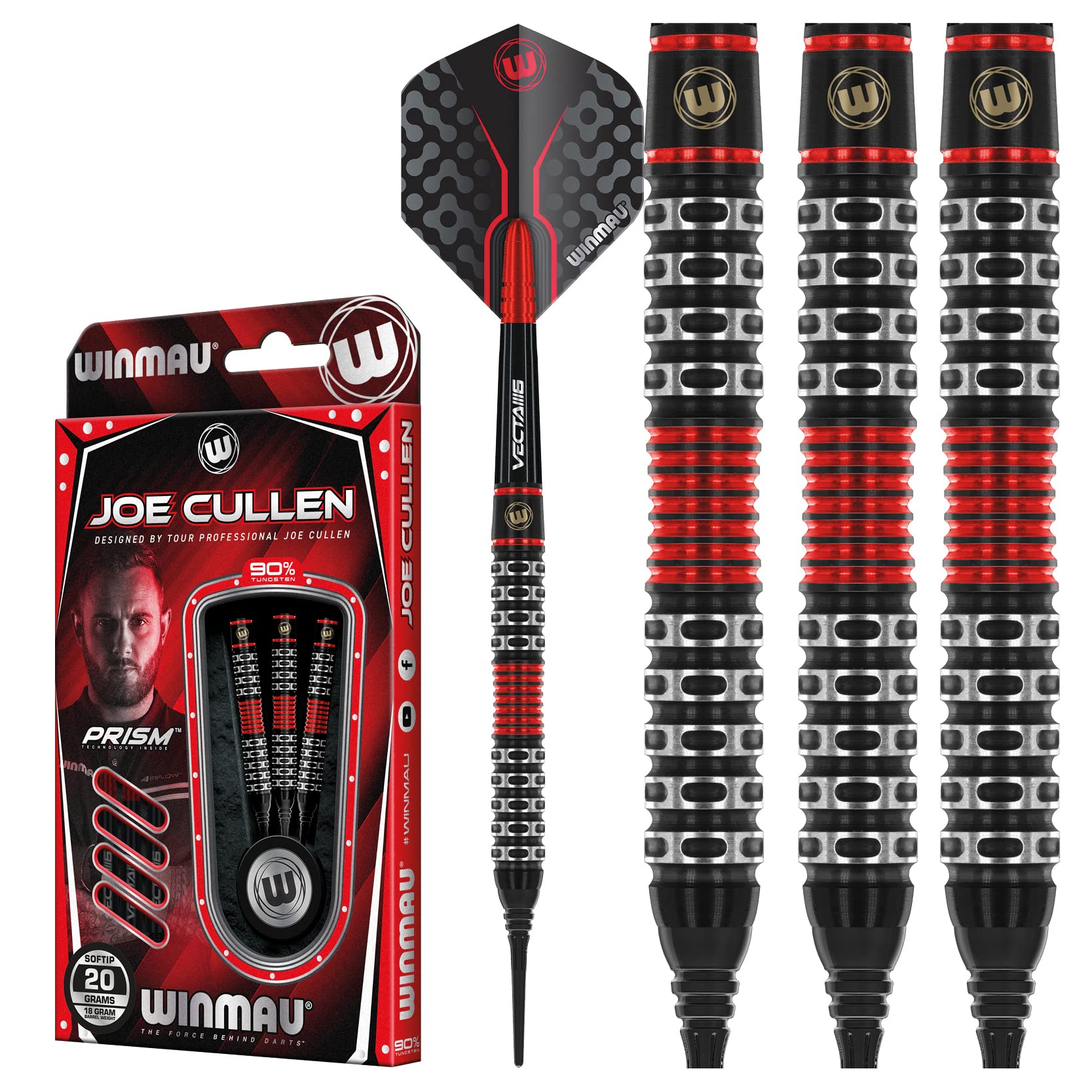 WINMAU Joe Cullen Special Edition 18 gram Softip Tungsten Darts Set with Flights and Stems (Shafts)