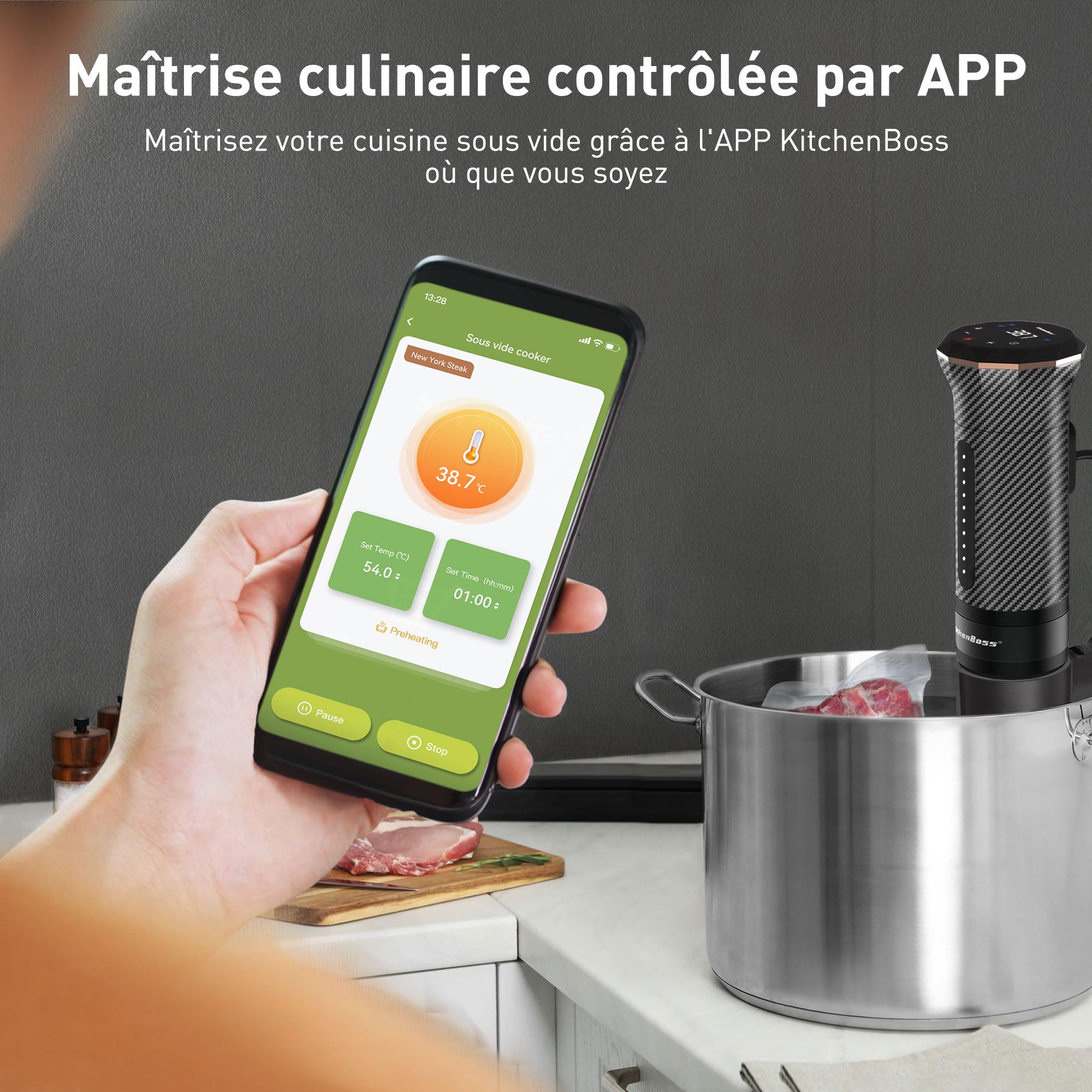 KitchenBoss Thermoplongeur Cuisson Sous Vide WiFi: Cuisson Sous Vide de Contrôle Précis de la Température, Cuisinière Thermostat Réglable, APP Contrôle, IPX7 Imperméable, LED Display Silencieux 1100W