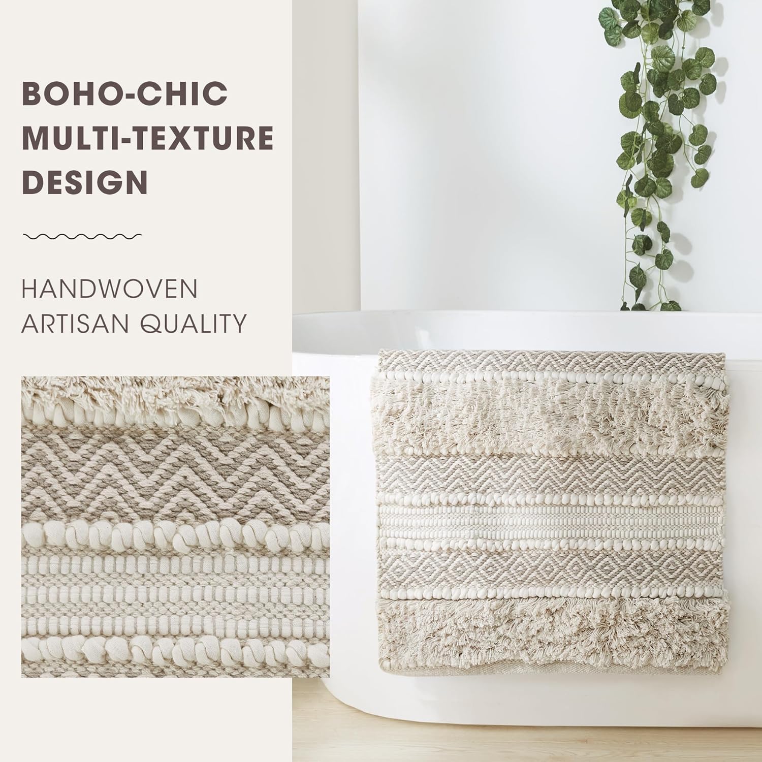 Ink+Ivy Bath Rug Hand-Woven Texture Shaggy Striped Soft & Water Absorbent, Boho Bathroom Décor Bath-Mats, Non-Slip Absorbent Quick Dry Mats for Tub, Shower Room, Asher, 22x58 Natural