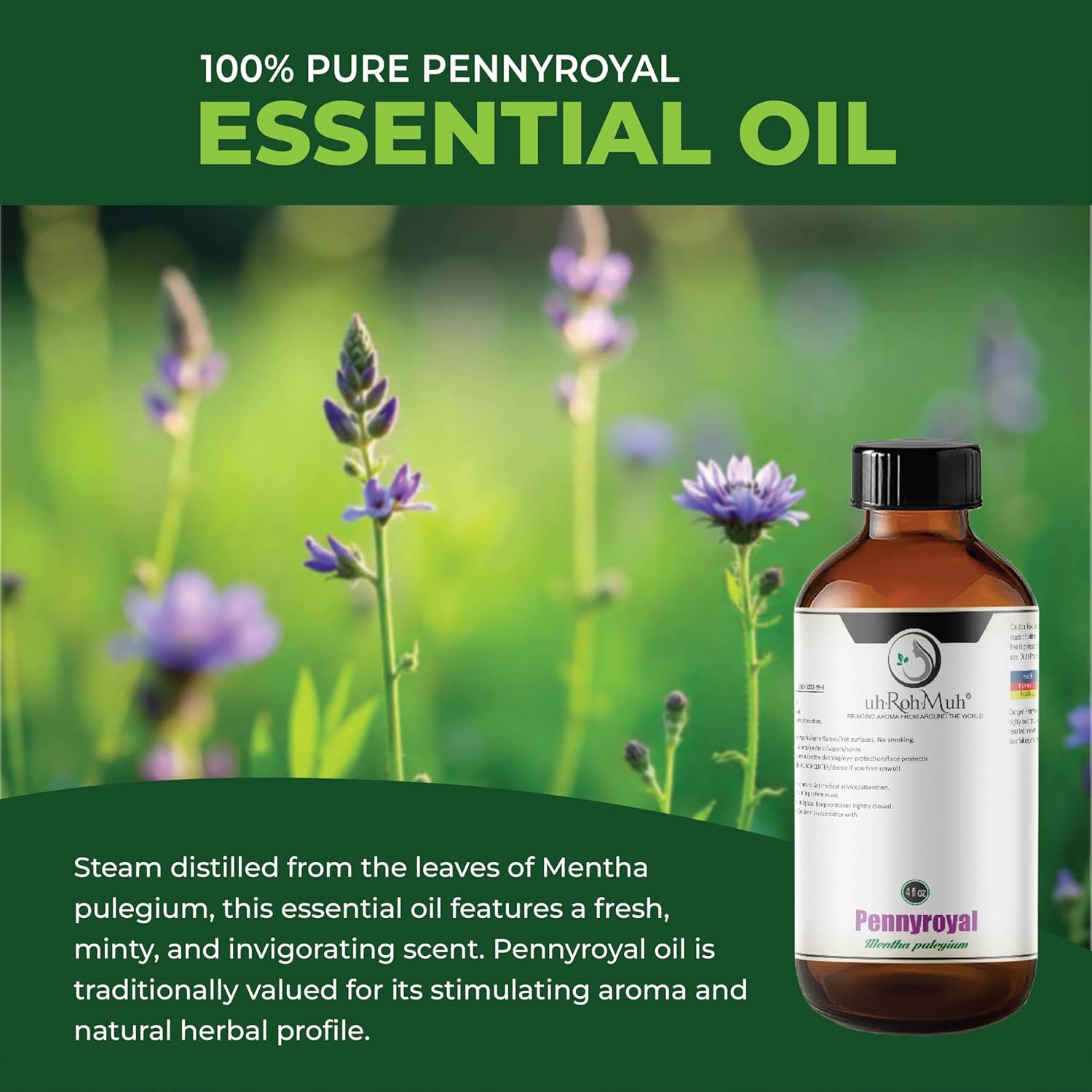 Pennyroyal Essential Oil – 100% Pure Steam Distilled from Mentha pulegium | Fresh Minty Aroma for Aromatherapy & Massage | Undiluted | Top Note | Natural Therapeutic Grade | from Morocco | 4 Fl Oz