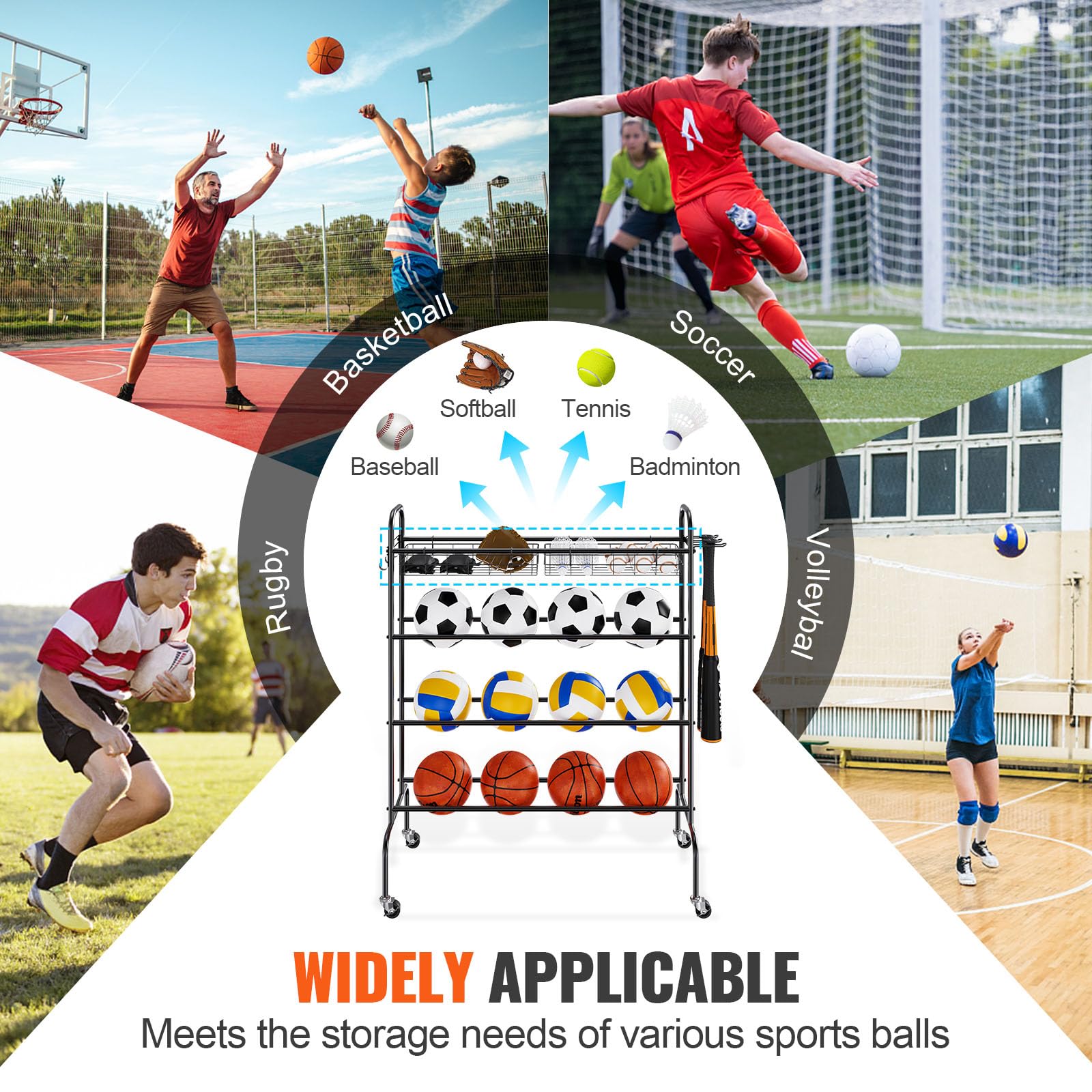 VEVOR Basketballständer, 4-lagiger rollender Basketball-Schieß-Trainingsständer, Aufbewahrungsorganisator für Sportgeräte mit Rädern, Haken und Körben, Garagenball-Aufbewahrungshalter für Fußball, Fuß
