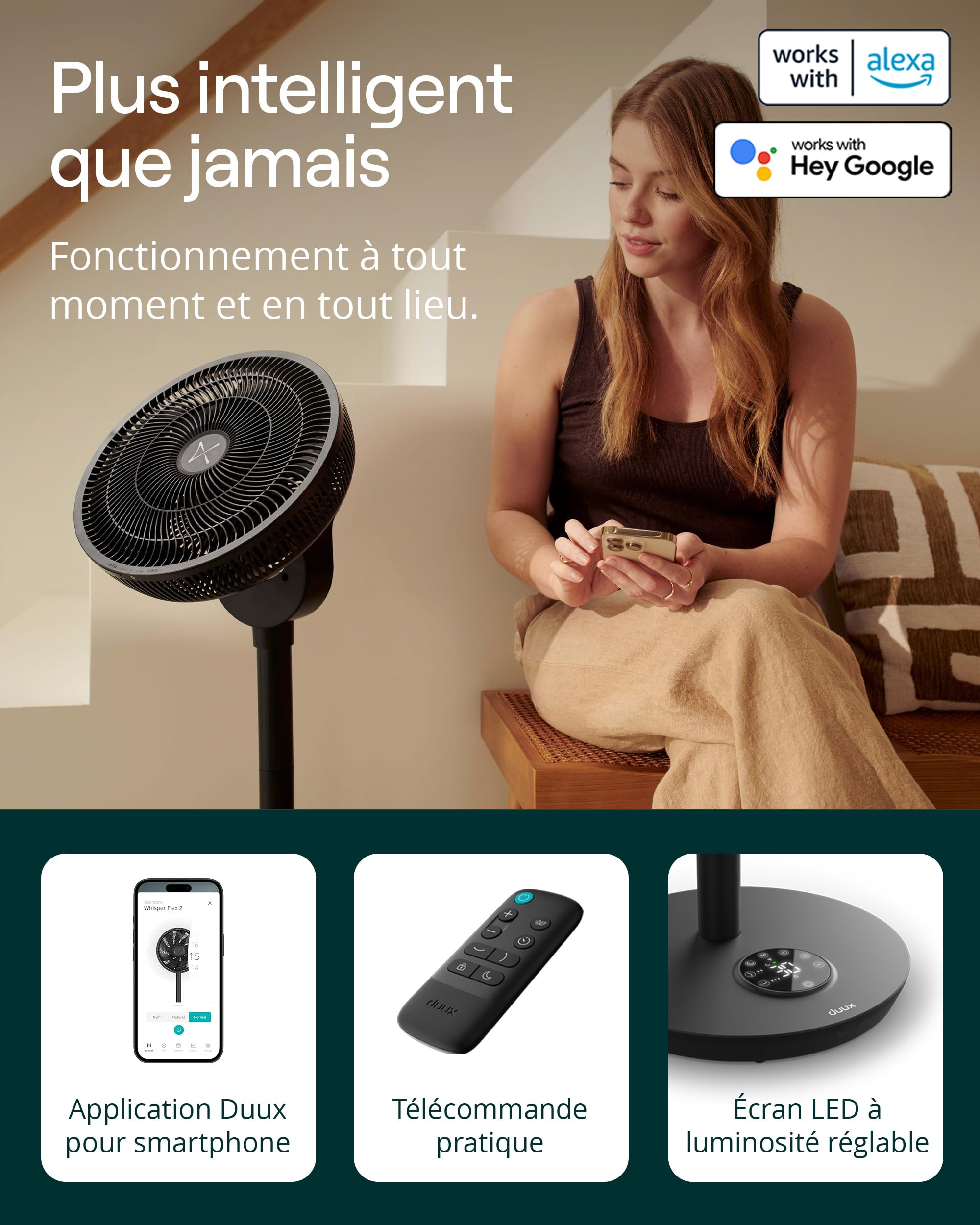 Duux Ventilateur intelligent Whisper Flex 2 – ultra silencieux 13 dB – mode nuit & minuterie – hauteur réglable (54–92 cm) – 2W éco – contrôle app & télécommande – Noir