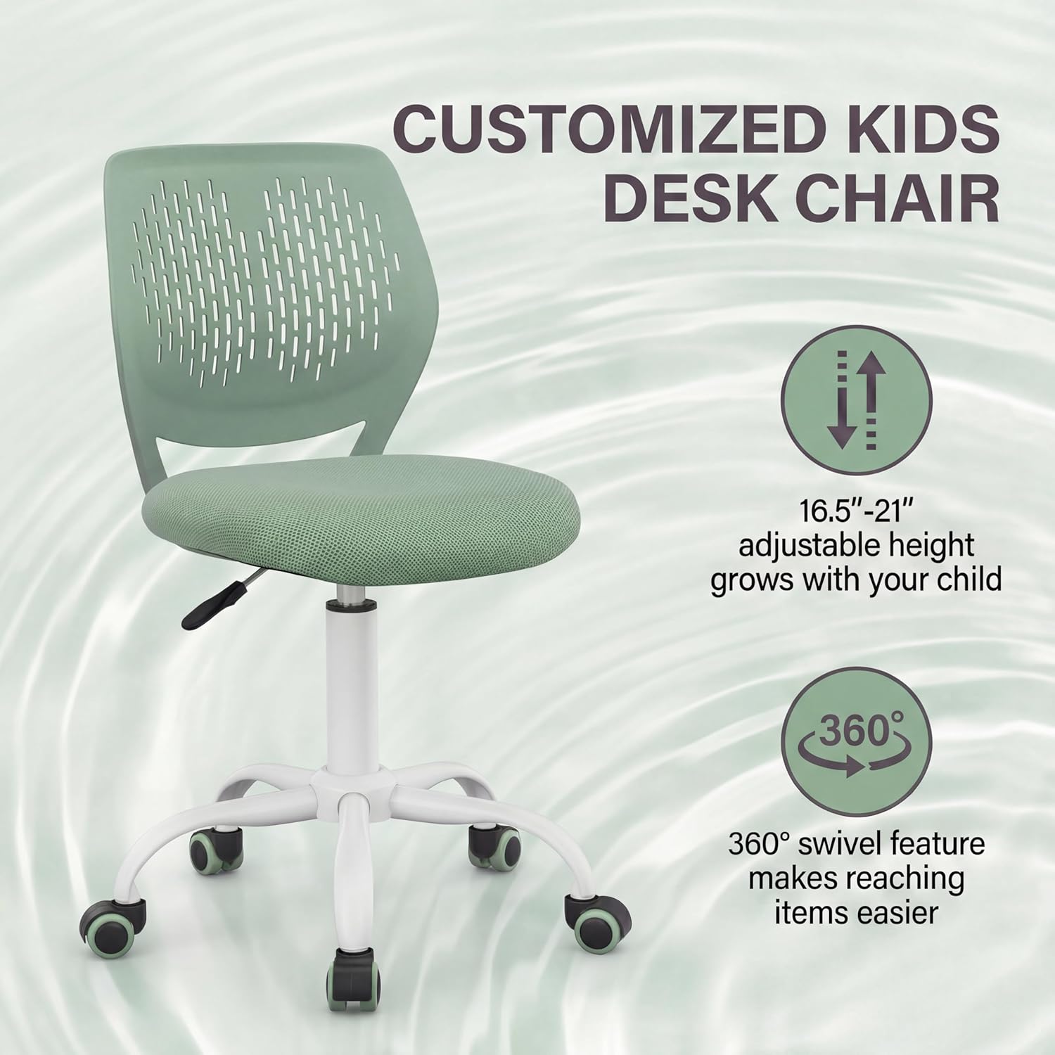 Costzon Kids Desk Chair, Armless Height Adjustable Kids Computer Chair w/Elastic Sponge Filling, Ergonomic Backrest & Stable 5-Point Wheels, Children Rolling Swivel Chair for Studyroom (Sage)