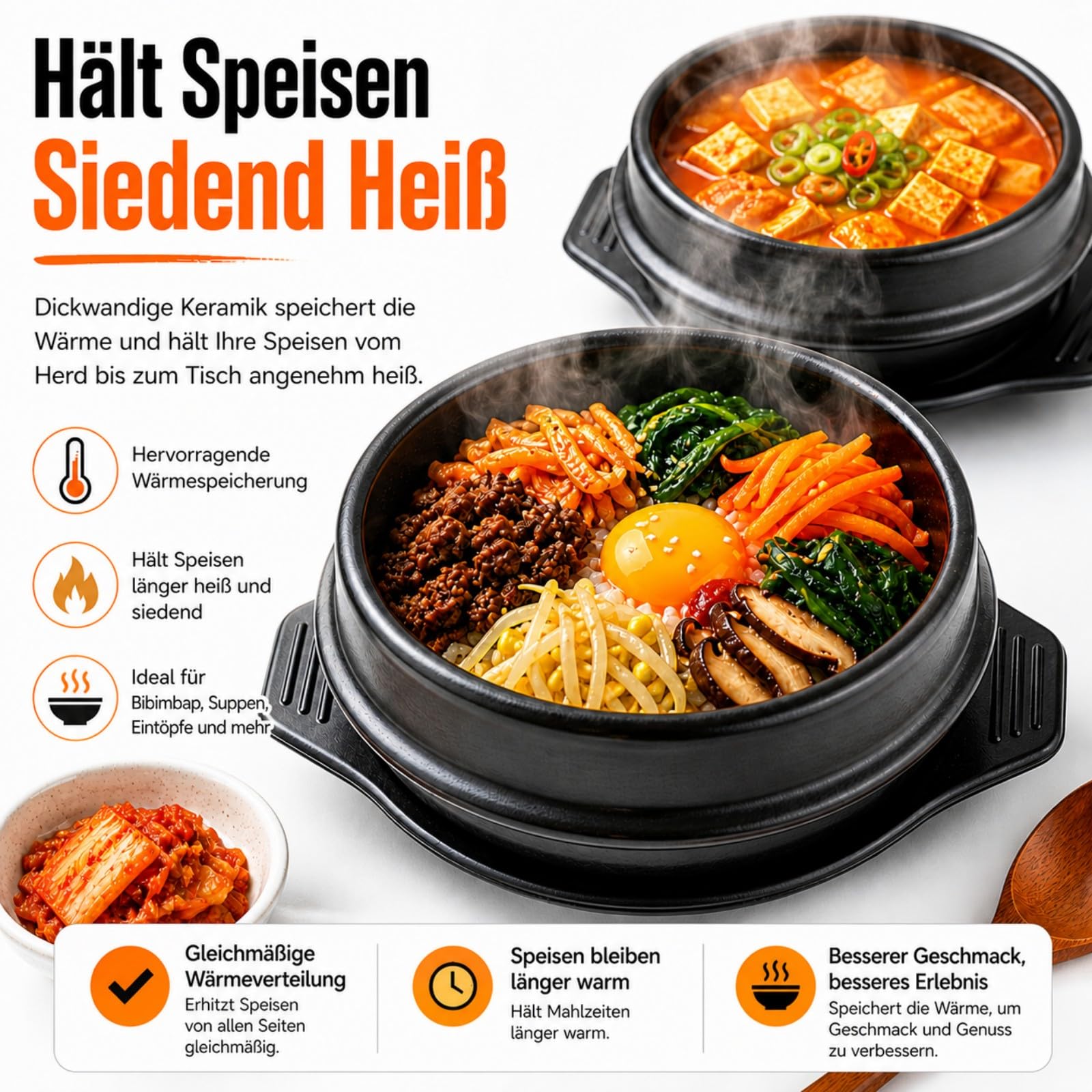 XICHENGSHIDAI Dolsot Bibimbap Steingut Schüssel, koreanischer Kochsuppe Keramiktopf, Donabe Topf für Ttukbaegi und koreanischen Eintopf mit Tablett 1500ml