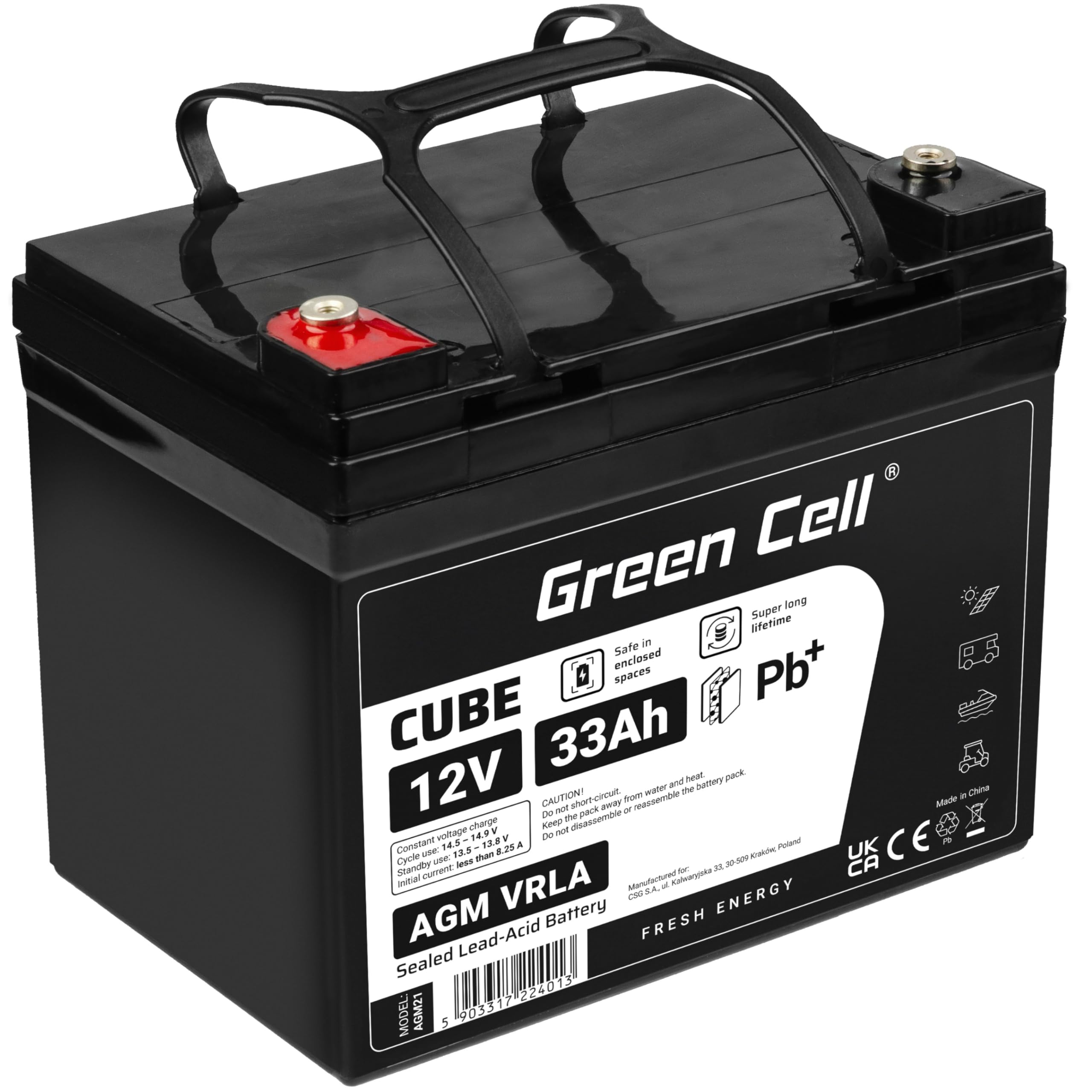 Green Cell Recambio de Batería Gel AGM 12V 33Ah Rechargeable Pila Sellada de Plomo ácido batería sin Mantenimiento Batería de Reemplazo para Autocaravanas Barcos Camper Fotovoltaica