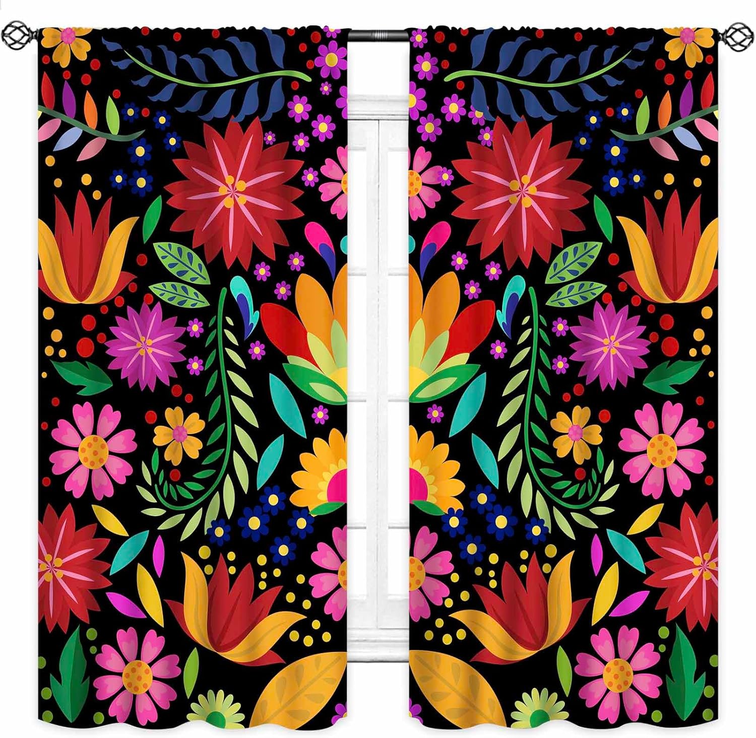Mexican Fiesta Curtains,Colorful Mexcian Floral Cinco De Mayo Dia De Los Muertos Retro Boho Botany Rustic Style Black Window Treatment for Bedroom Living Room Kitchen 2 Panels,55X63 Inch