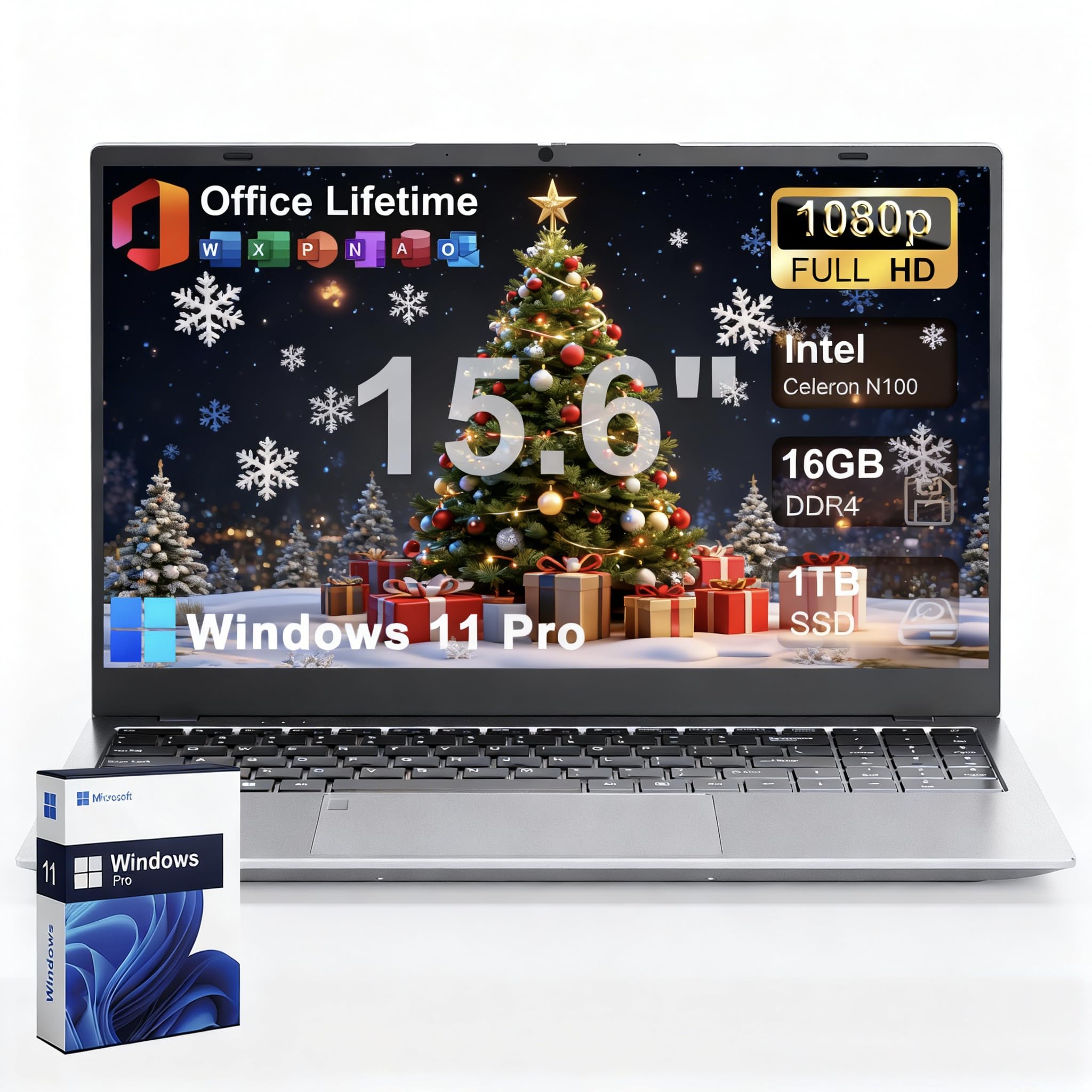 2025 Laptop Computer 15 15.6 inch FHD 1080p Display, Windows 11 Pro with MS Office for Students & Business, 16GB RAM, 1TB SSD, Intel 4-Core N100 (Up to 3.4GHz), Backlit Keyboard, Type-C, Fingerprint