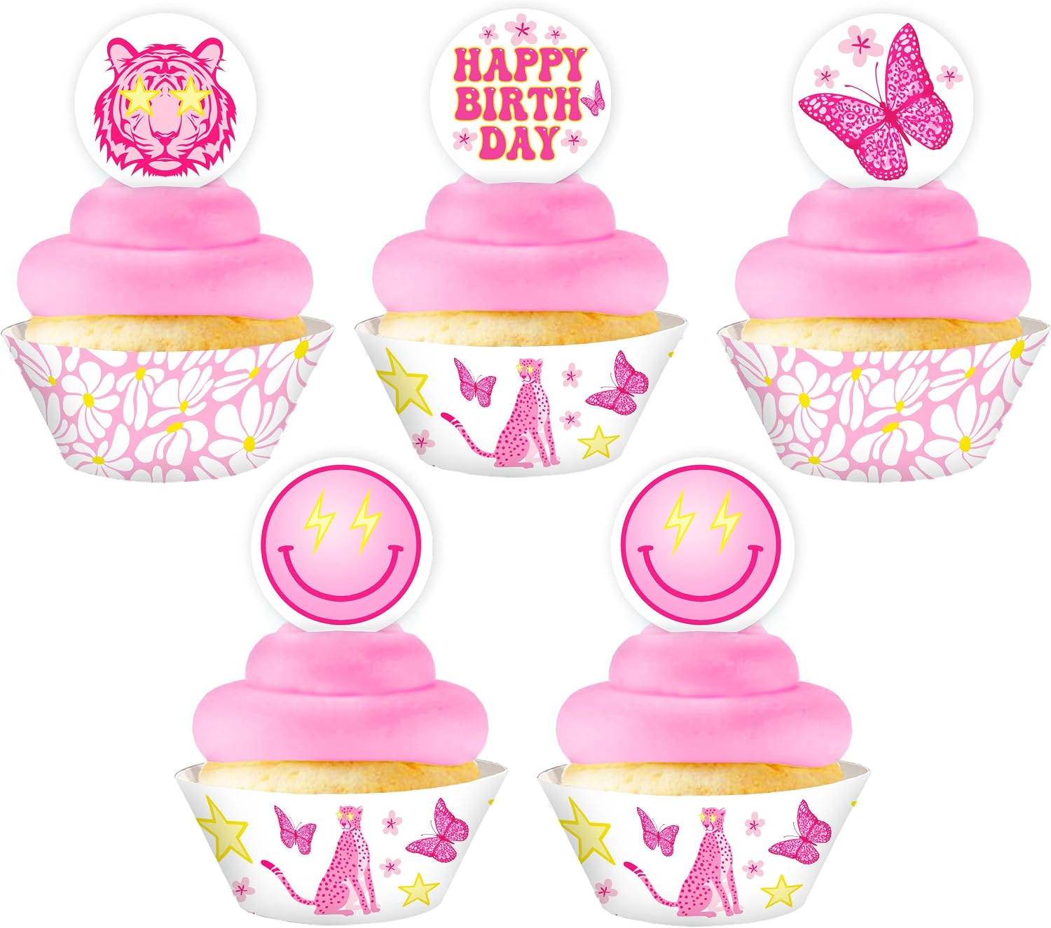 Pink Preppy Smile Face Cupcake Kit - 48 Pieces - Pink Preppy Toppers and Wrappers - Smile Party Supplies - Emoji Party Decorations - Cupcake