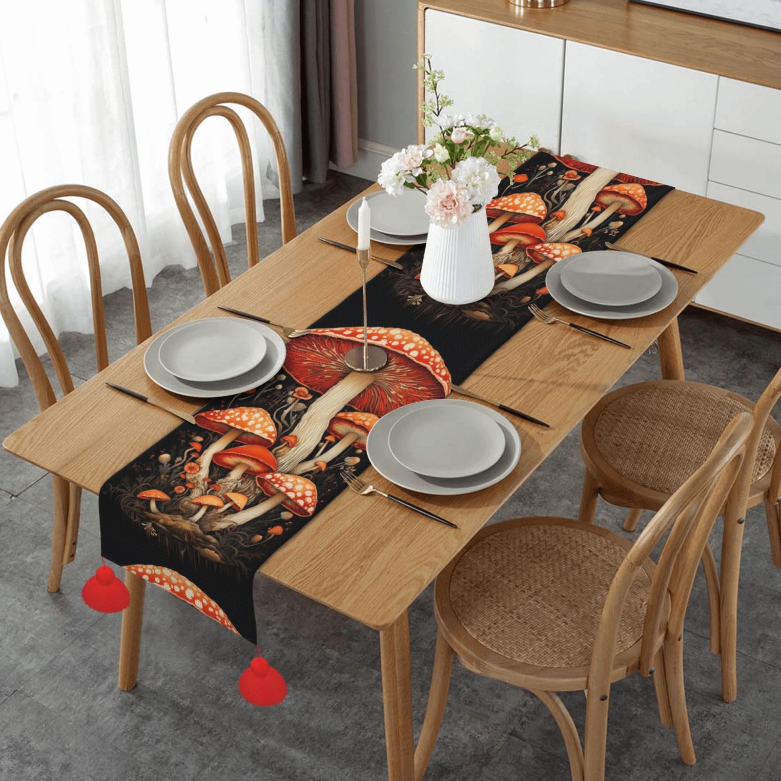 Chemin de table de Noël à pompon nappe forêt champignons rouge déco table intérieur extérieur