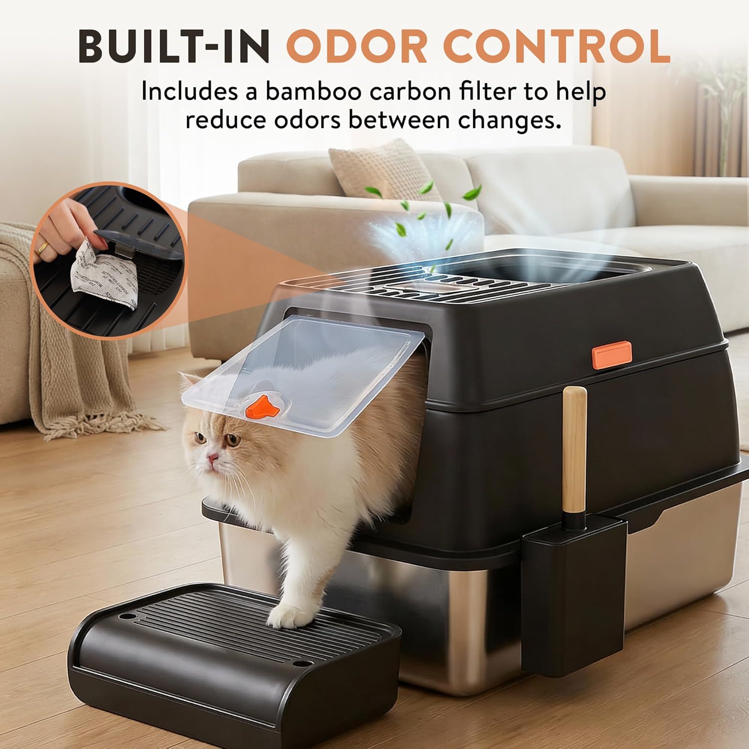XL Stainless Steel Cat Litter Box with Enclosure and Pooper Scooper - Durable Black Metal Litter Box for Big Cats, High Sides for Anti-Leakage, Never Absorbs Odors, Non-Sticky - (60x40cm) (Black)