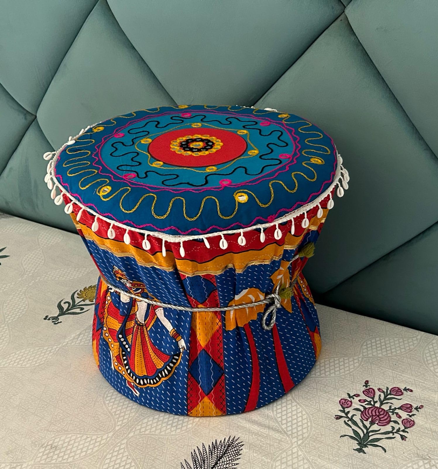 POSHMANDALA Embroidery Work Bamboo Mudda Cover Muddy Stool Ottaman Pouffes Patio Chair Footstools Cover Size 17x18 Inches, Set of 1 Pieces (ONLY Cover) Blue-image-23