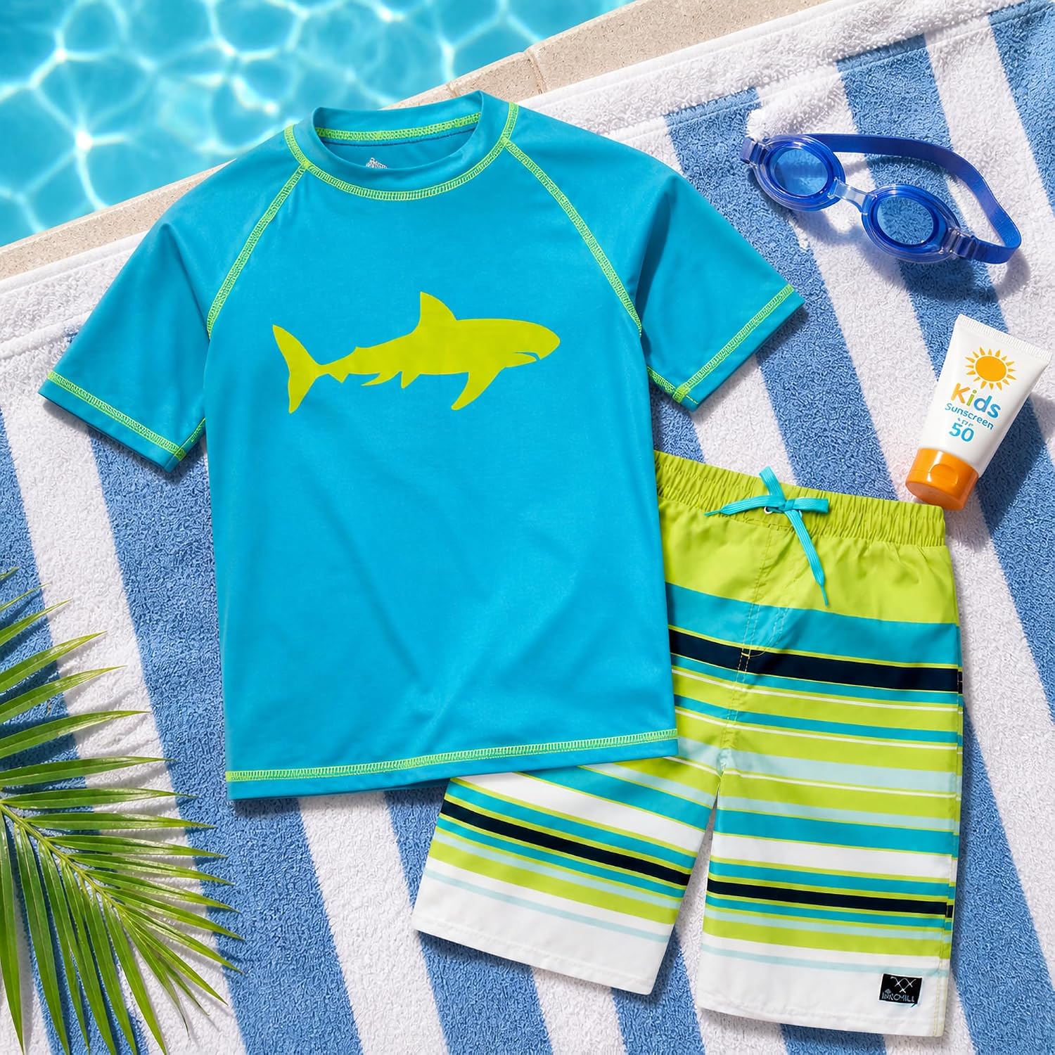 Big Chill Boys Swim Set - 2 Piece Swimwear Quick Dry UPF50+ Protection Rash Guard Short Sleeve Shirt and Boys Swim Trunks