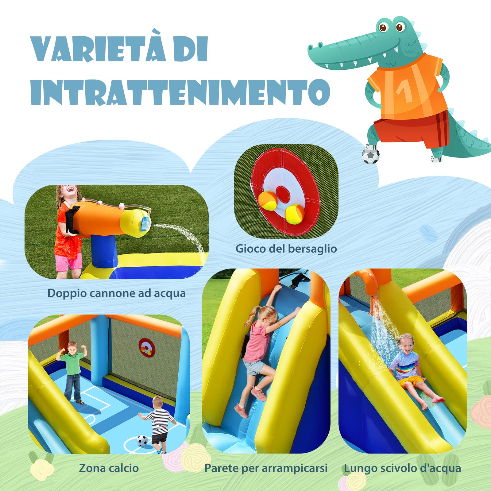 COSTWAY Castello Gonfiabile per bambini, Casa Gonfiabile con Scivolo, Piscina, con Borsa di Trasporto, Soffiatore e Kit di Riparazione, per 5 Bambini di 3-12 Anni, 465 x 500 x 200 cm