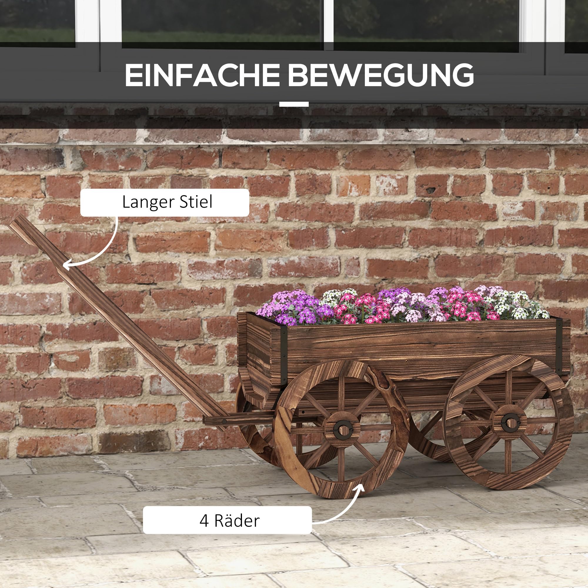 Outsunny Blumenkasten im Holzwagen-Design, Verkohlt, 120 x 41 x 54 cm