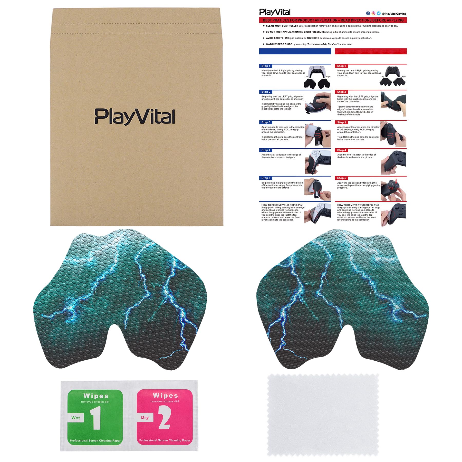 eXtremeRate PlayVital Grip Adesivo per ps5 Controller Joystick, Skin Gomma Antiscivolo per Impugnature Maniglia-Tempesta di Tuoni Verdi - 3