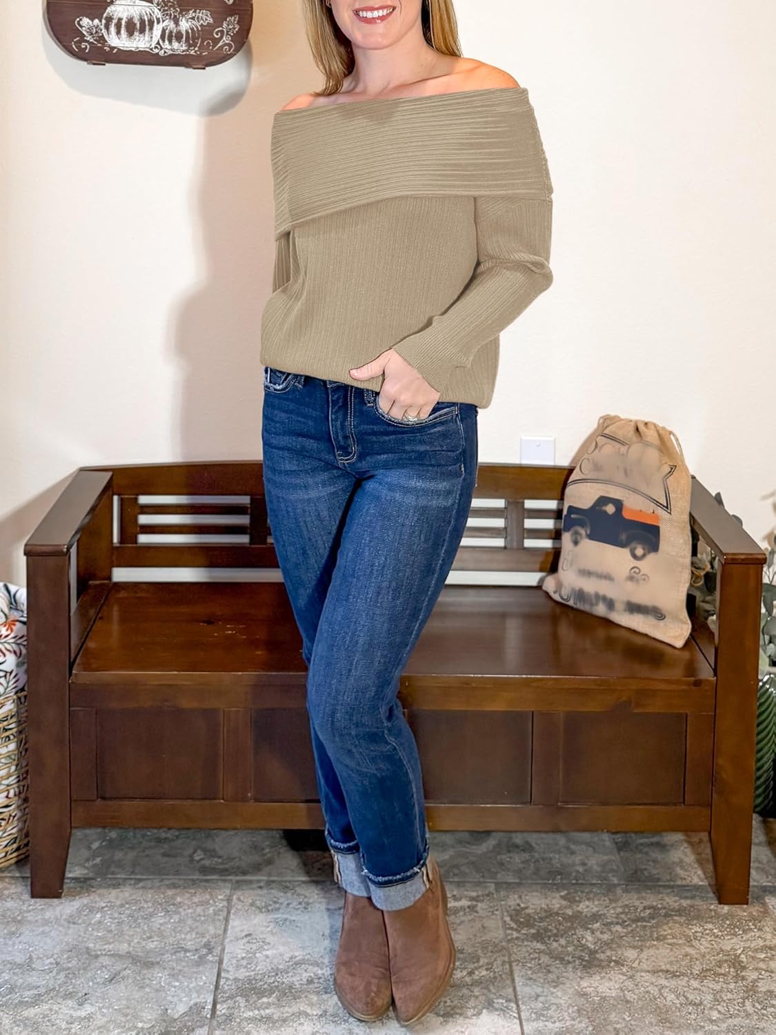 Womens Off The Shoulder Sweater Top Long Sleeve Fall Batwing Boat Neck Knit Sexy Casual Pullover - Image 6