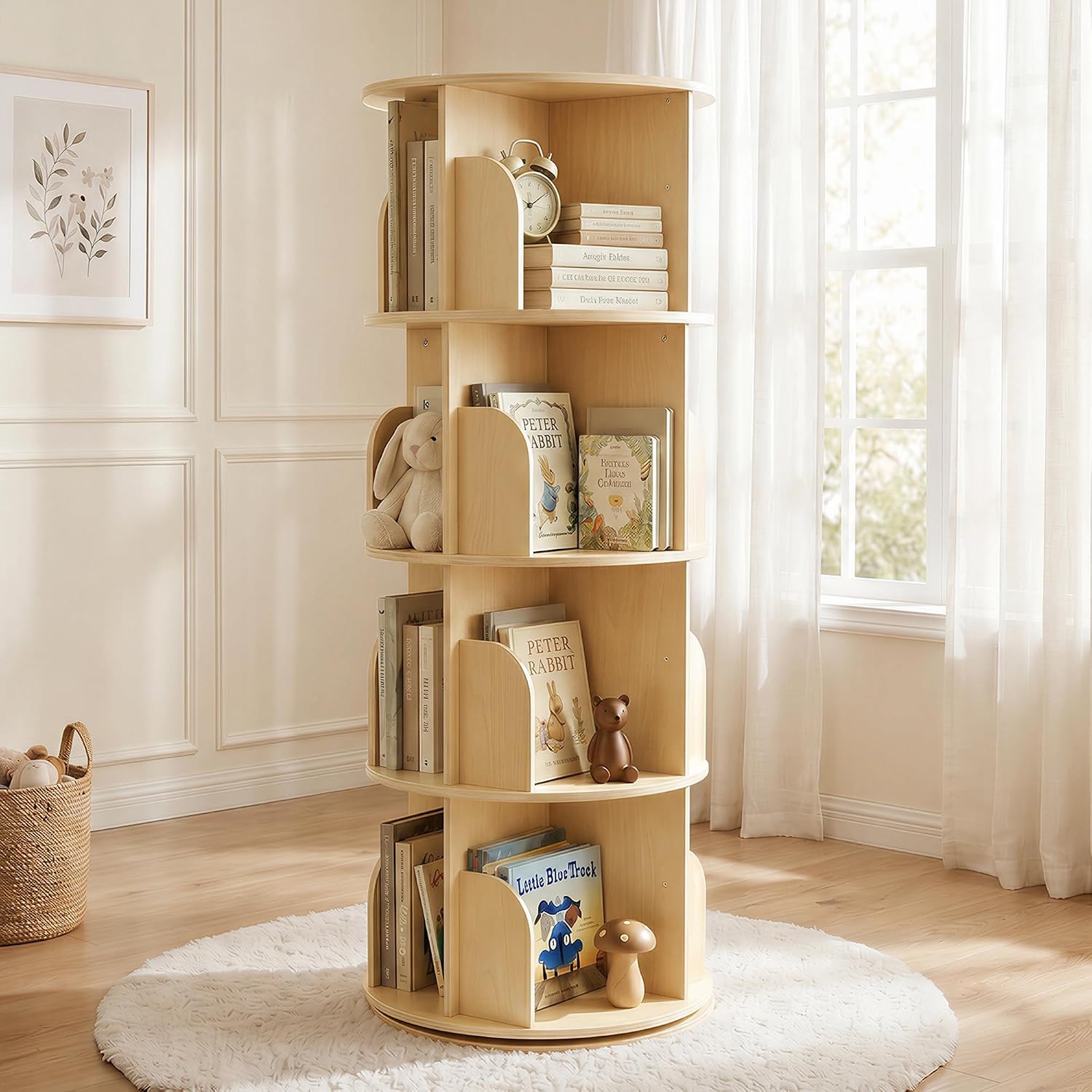 3-Tier Rotating Bookshelf, Wooden Spinning Bookcase with 360° Revolving Storage, Round Book Shelf Organizer for Kids’ Books, Toys, Bedroom, Playroom, Living Room and Reading Corner